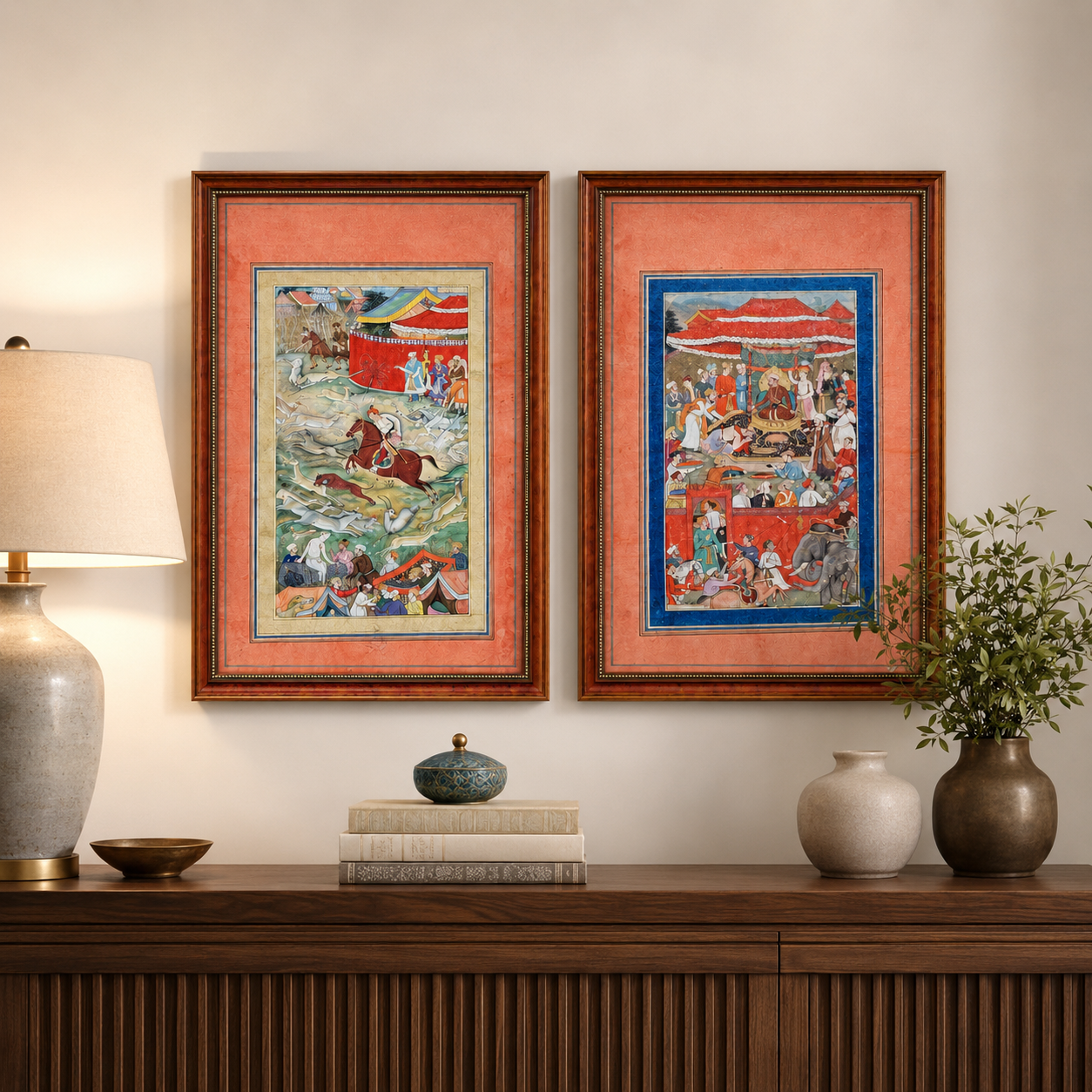 Indian Miniature Art Print on Canvas - Rustic Indian Frame (Red) - Set of 2 24 x 16 in (Each)