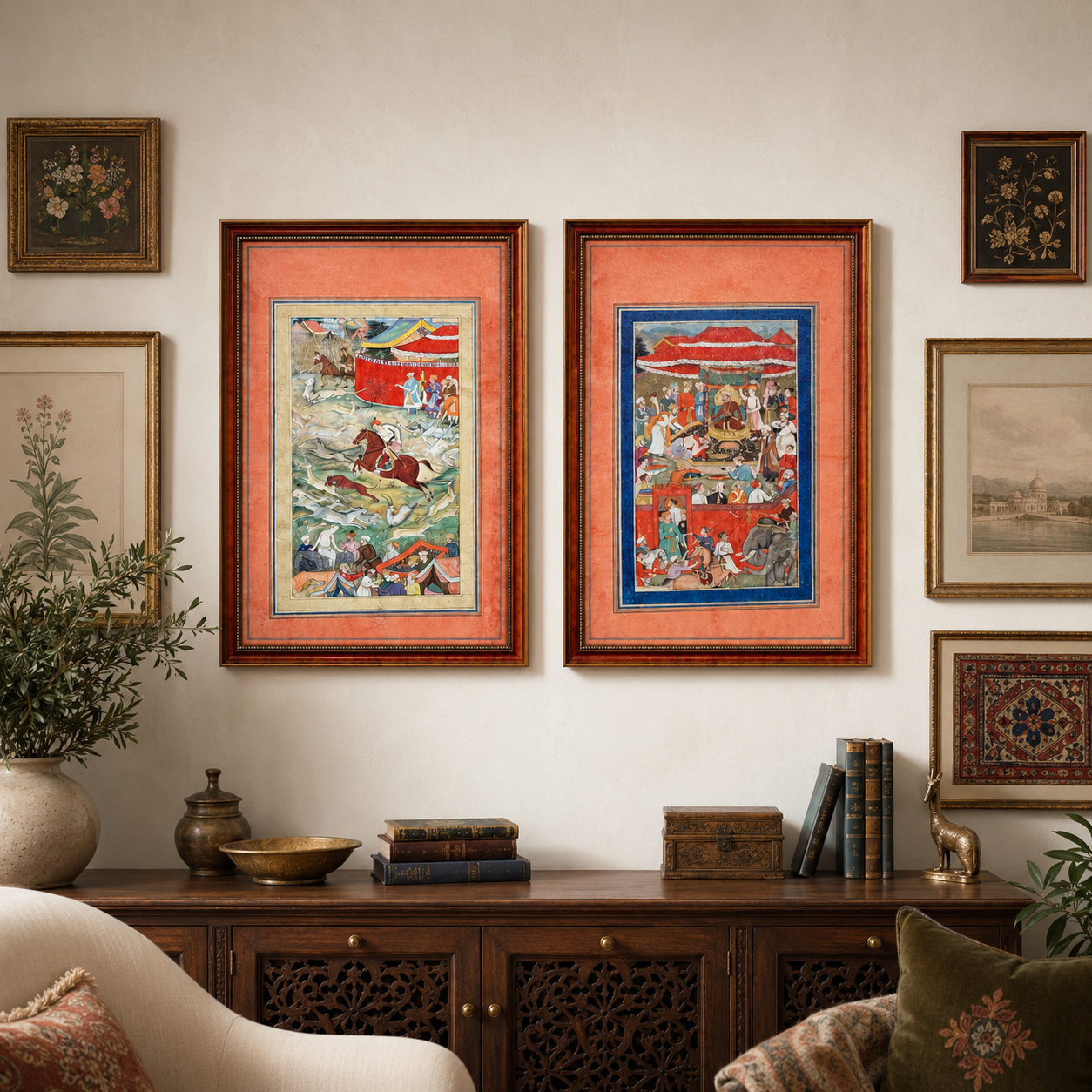 Indian Miniature Art Print on Canvas - Rustic Indian Frame (Red) - Set of 2 24 x 16 in (Each)