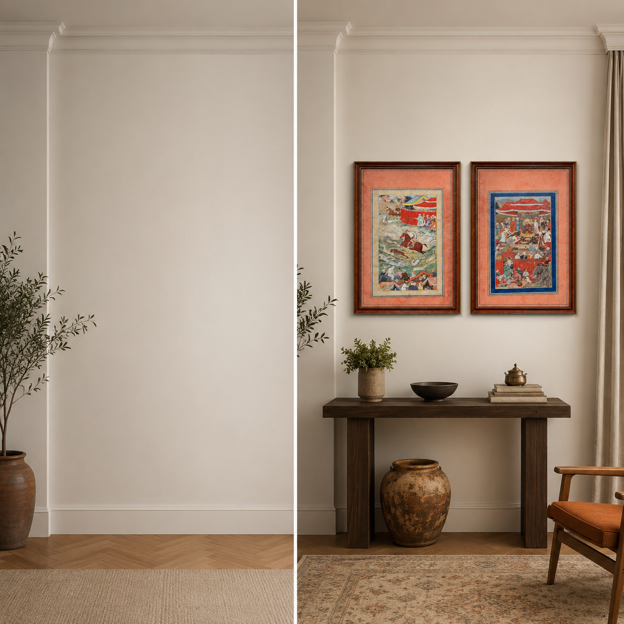 Indian Miniature Art Print on Canvas - Rustic Indian Frame (Red) - Set of 2 24 x 16 in (Each)