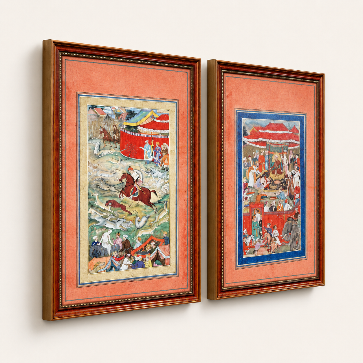 Indian Miniature Art Print on Canvas - Rustic Indian Frame (Red) - Set of 2 24 x 16 in (Each)