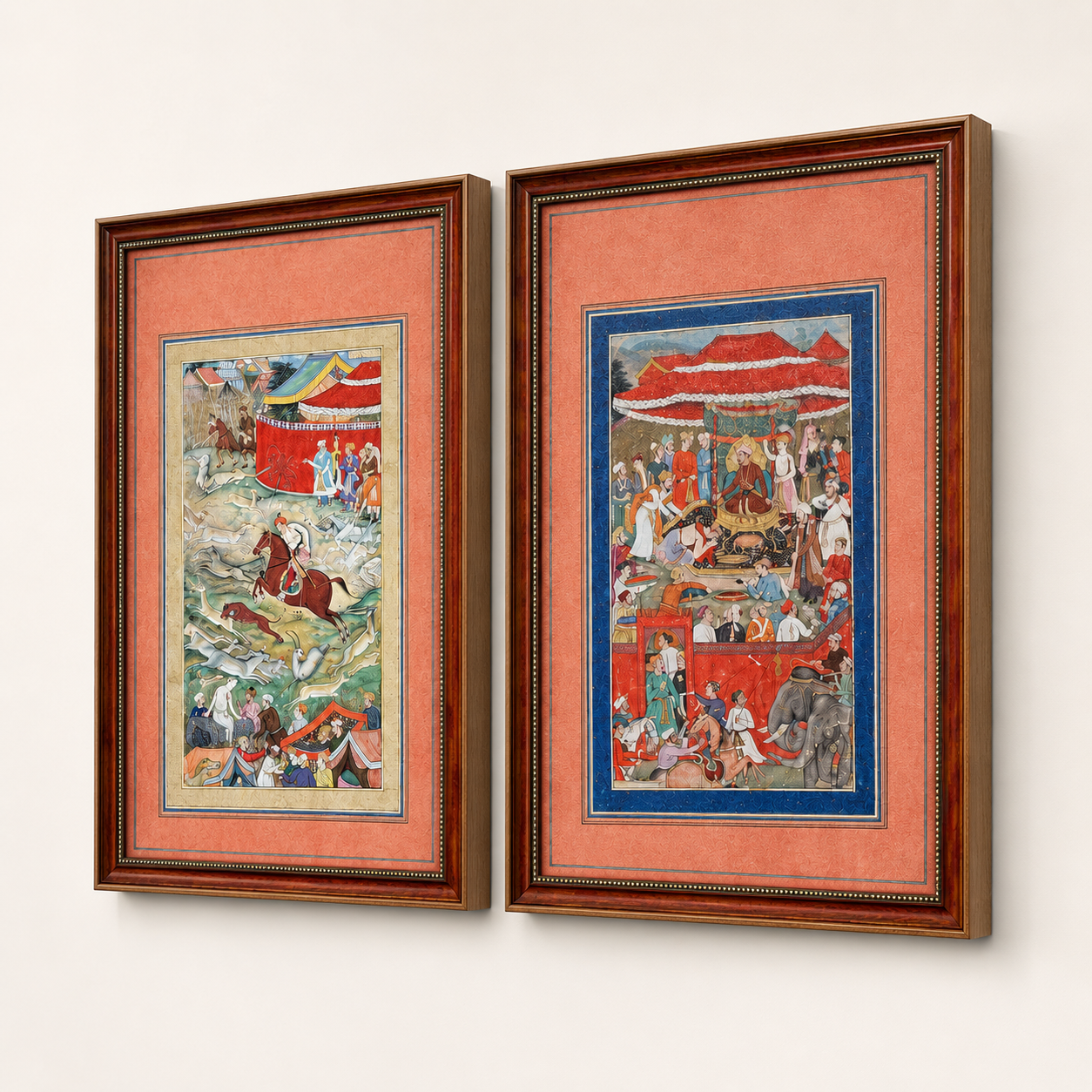 Indian Miniature Art Print on Canvas - Rustic Indian Frame (Red) - Set of 2 24 x 16 in (Each)