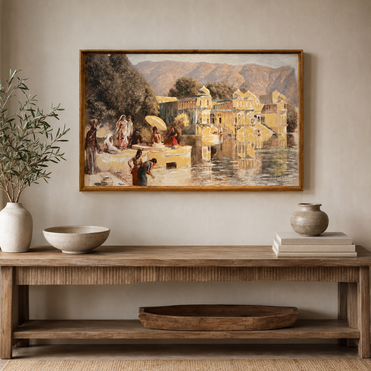 Oriental Canvas Art Print | 60% Hand-Embellished with Impasto Acrylic | Thin-Profile Teak Wood Frame | 48 × 28 in