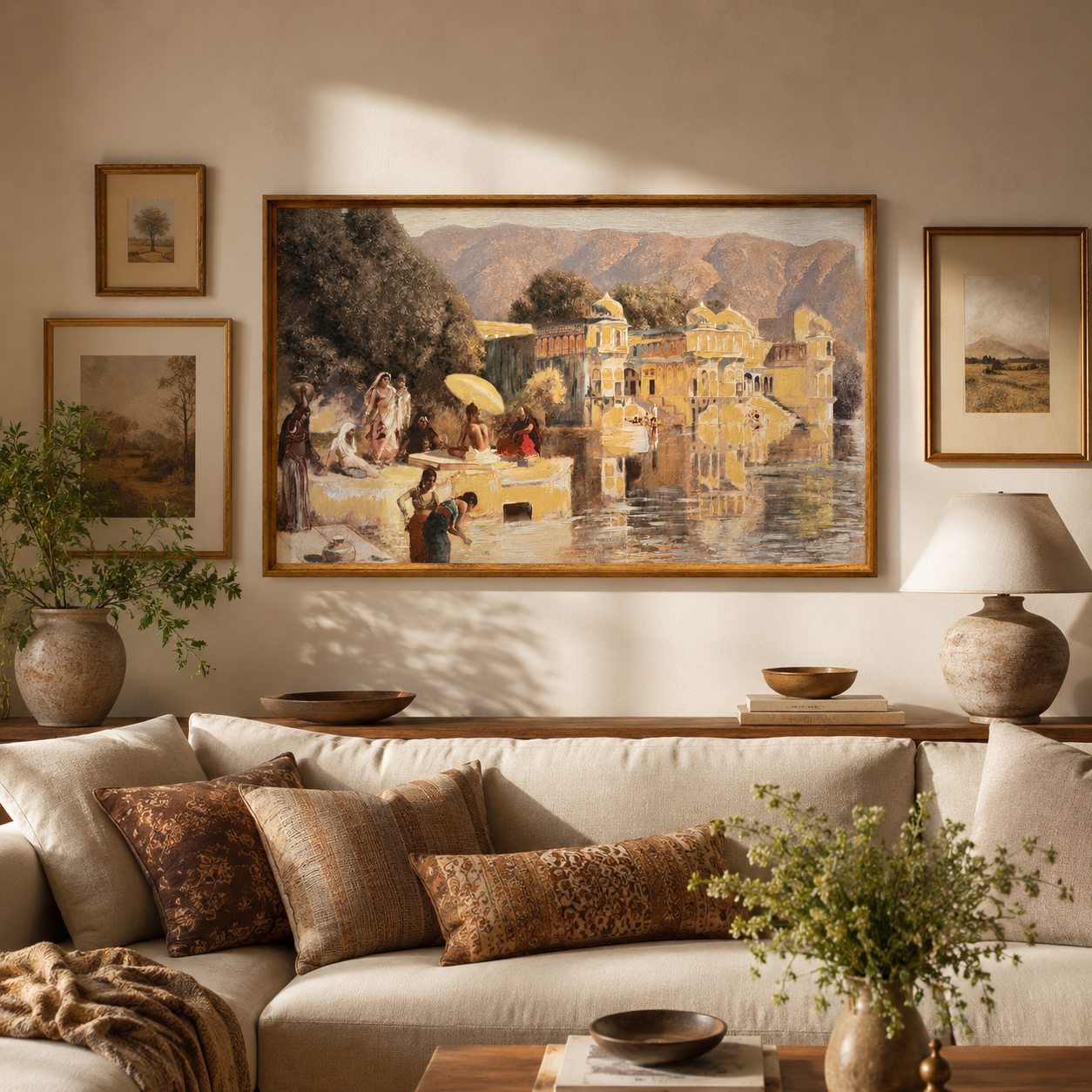 Oriental Canvas Art Print | 60% Hand-Embellished with Impasto Acrylic | Thin-Profile Teak Wood Frame | 48 × 28 in