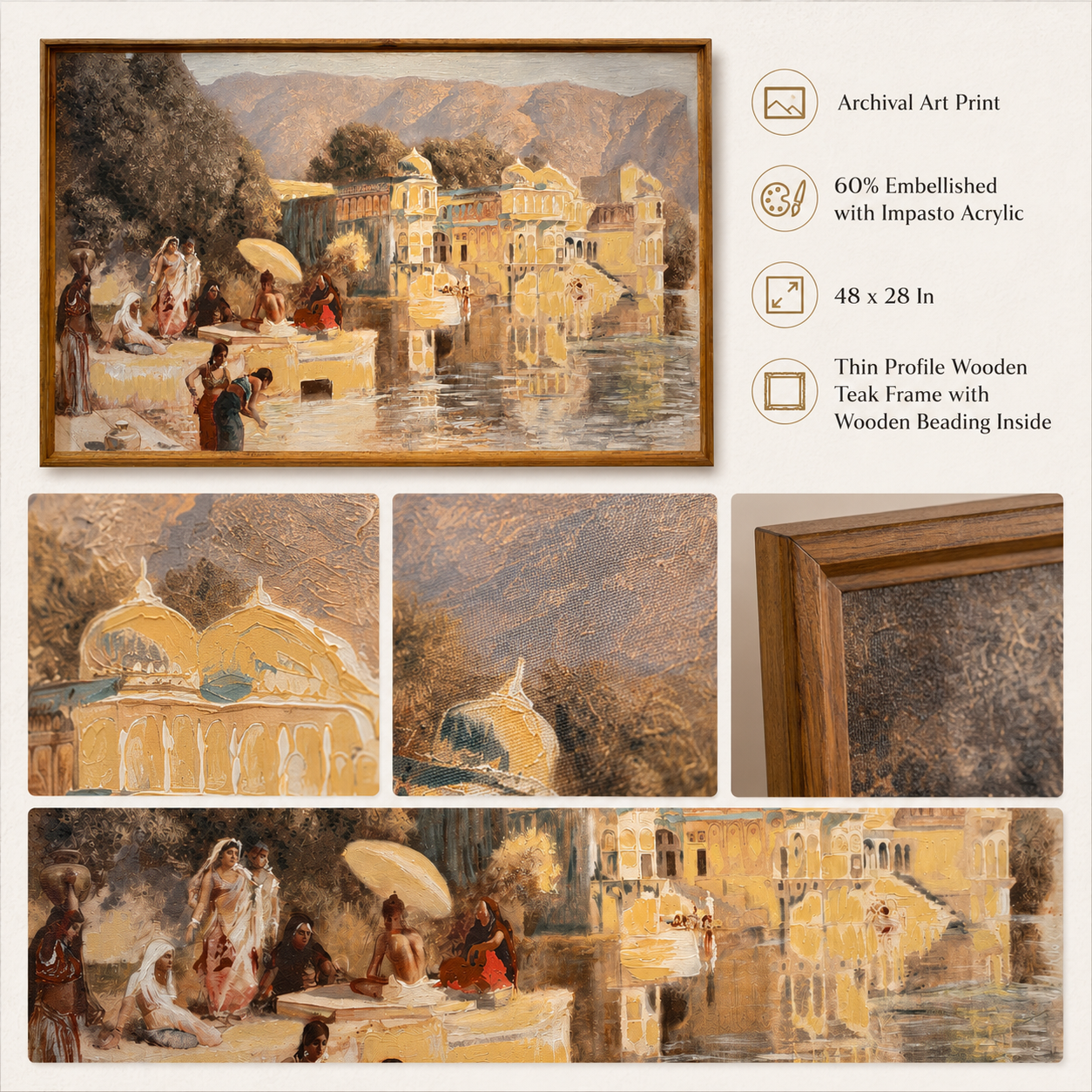 Oriental Canvas Art Print | 60% Hand-Embellished with Impasto Acrylic | Thin-Profile Teak Wood Frame | 48 × 28 in