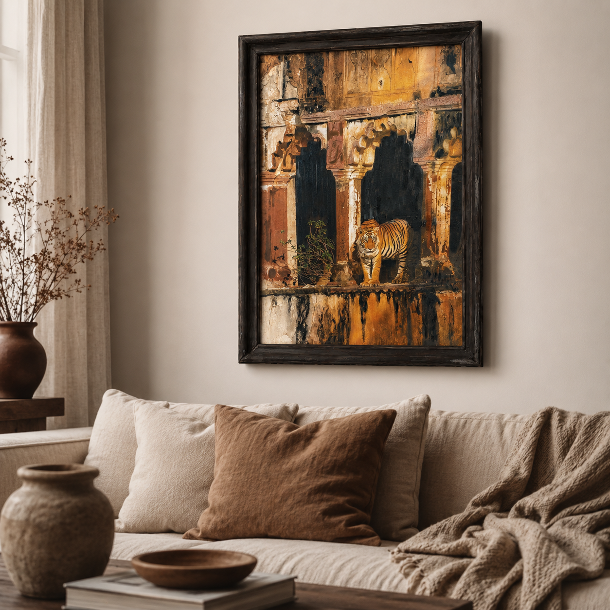 Wild Tiger Architectural Canvas Art Print, 40% Hand-Embellished with Impasto Acrylic, Walnut Wooden Moulding Frame, 25 × 18 in