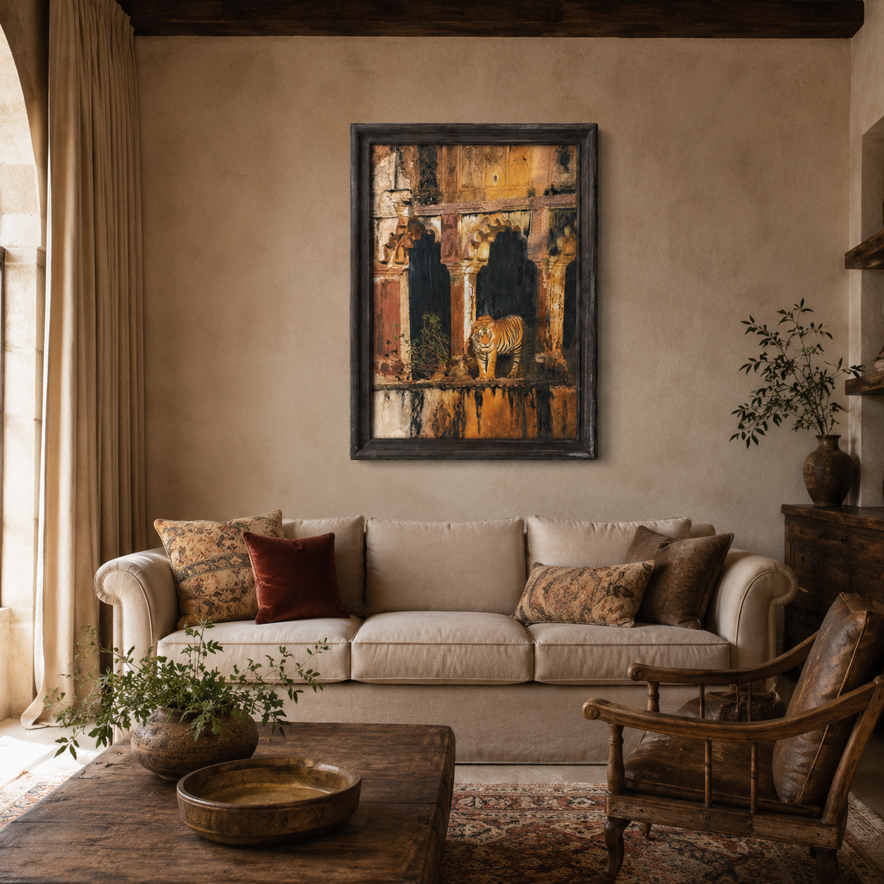 Wild Tiger Architectural Canvas Art Print, 40% Hand-Embellished with Impasto Acrylic, Walnut Wooden Moulding Frame, 25 × 18 in