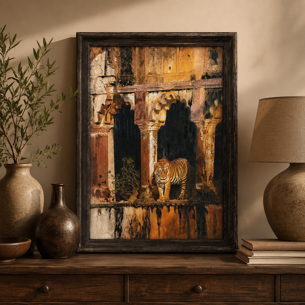 Wild Tiger Architectural Canvas Art Print, 40% Hand-Embellished with Impasto Acrylic, Walnut Wooden Moulding Frame, 25 × 18 in