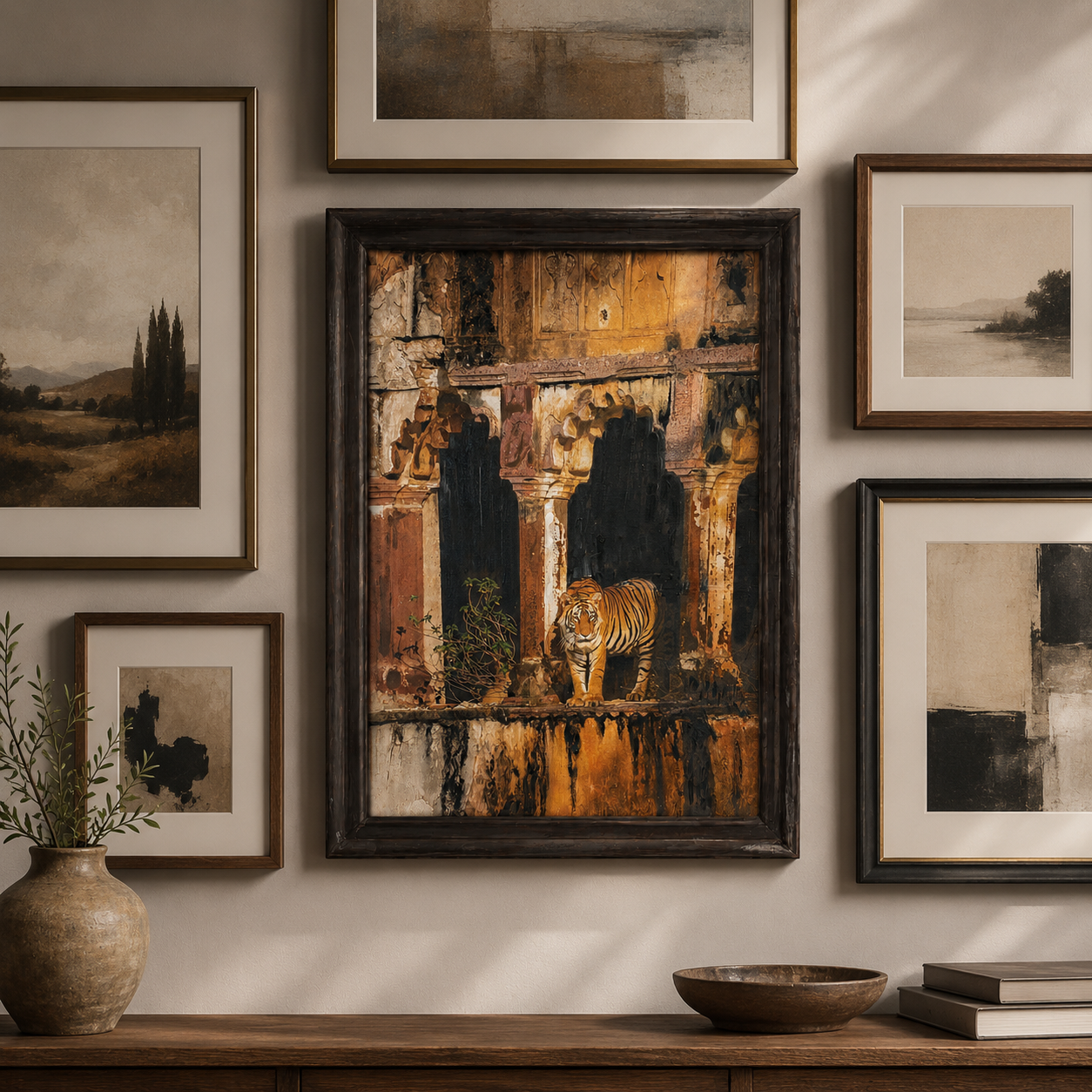 Wild Tiger Architectural Canvas Art Print, 40% Hand-Embellished with Impasto Acrylic, Walnut Wooden Moulding Frame, 25 × 18 in
