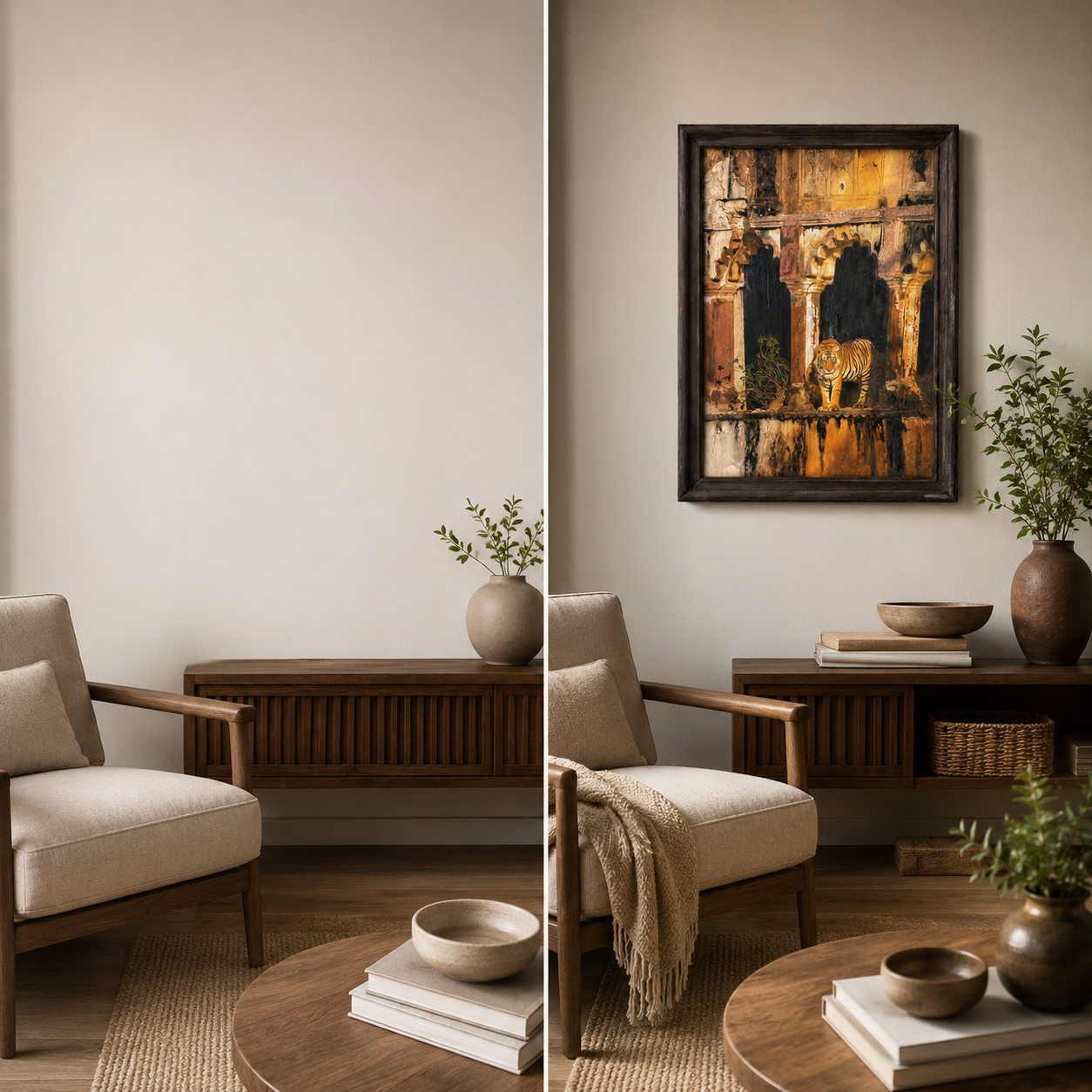 Wild Tiger Architectural Canvas Art Print, 40% Hand-Embellished with Impasto Acrylic, Walnut Wooden Moulding Frame, 25 × 18 in