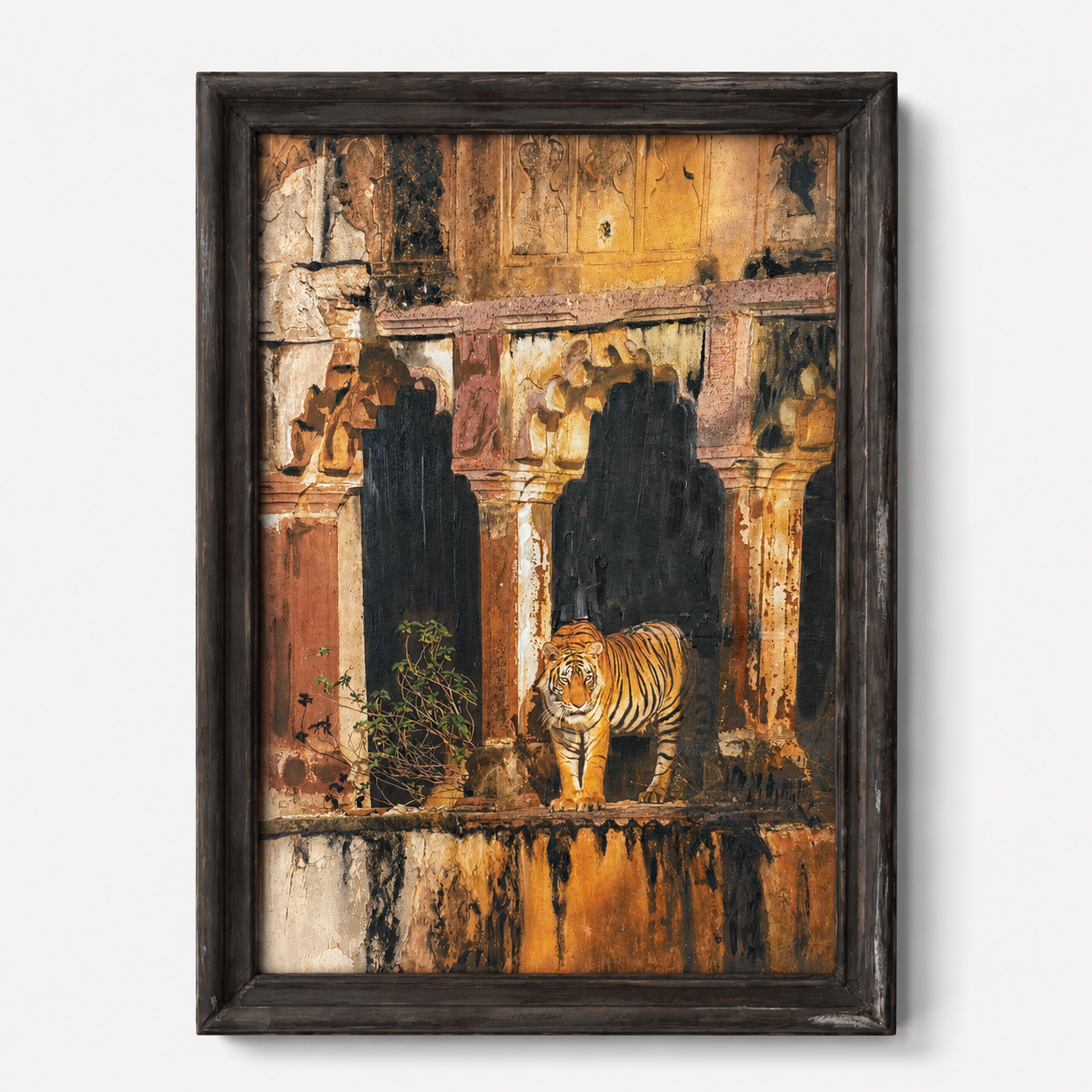 Wild Tiger Architectural Canvas Art Print, 40% Hand-Embellished with Impasto Acrylic, Walnut Wooden Moulding Frame, 25 × 18 in