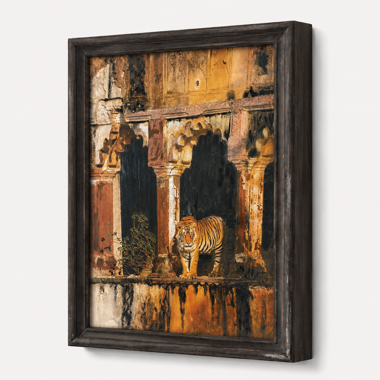 Wild Tiger Architectural Canvas Art Print, 40% Hand-Embellished with Impasto Acrylic, Walnut Wooden Moulding Frame, 25 × 18 in