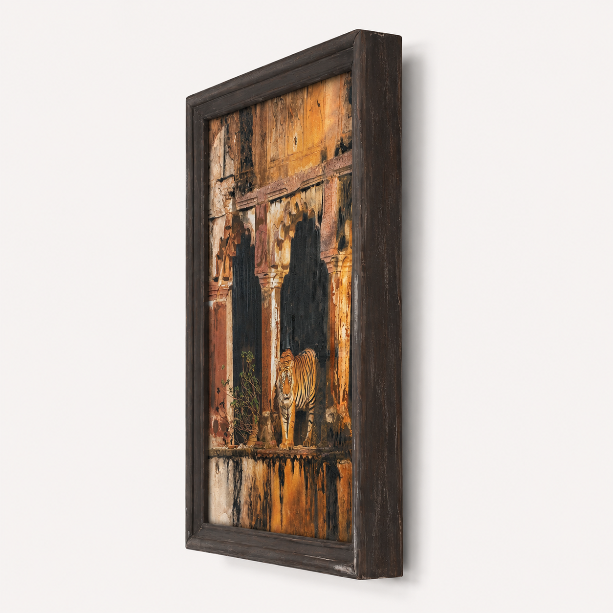 Wild Tiger Architectural Canvas Art Print, 40% Hand-Embellished with Impasto Acrylic, Walnut Wooden Moulding Frame, 25 × 18 in