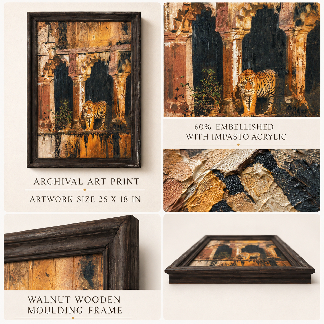 Wild Tiger Architectural Canvas Art Print, 40% Hand-Embellished with Impasto Acrylic, Walnut Wooden Moulding Frame, 25 × 18 in