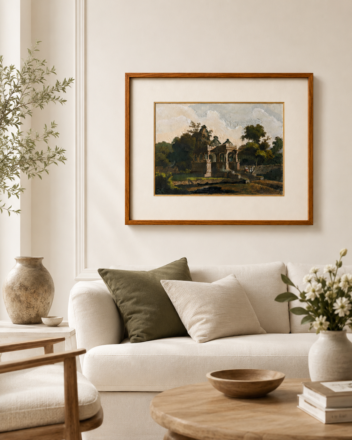 Heritage Pavilion Landscape Archival Art Print, 40% Hand-Embellished with Impasto Acrylic, Thin Teak Wood Frame with Off-White Mat & Gold Liner, 25 × 29 in