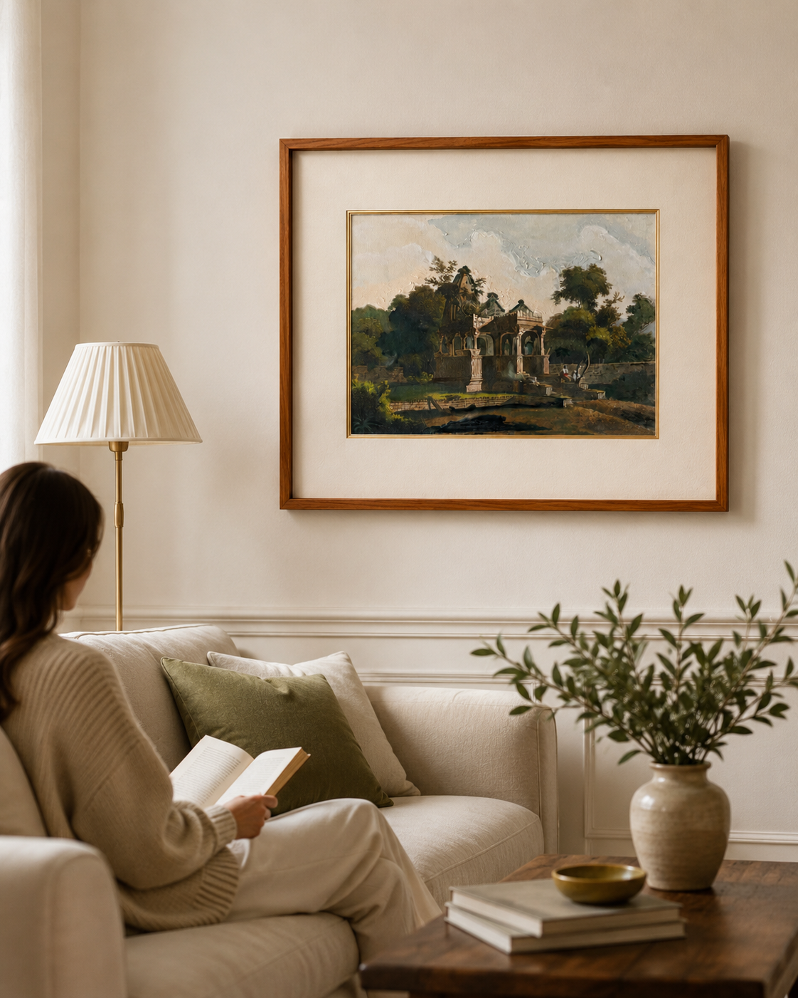 Heritage Pavilion Landscape Archival Art Print, 40% Hand-Embellished with Impasto Acrylic, Thin Teak Wood Frame with Off-White Mat & Gold Liner, 25 × 29 in
