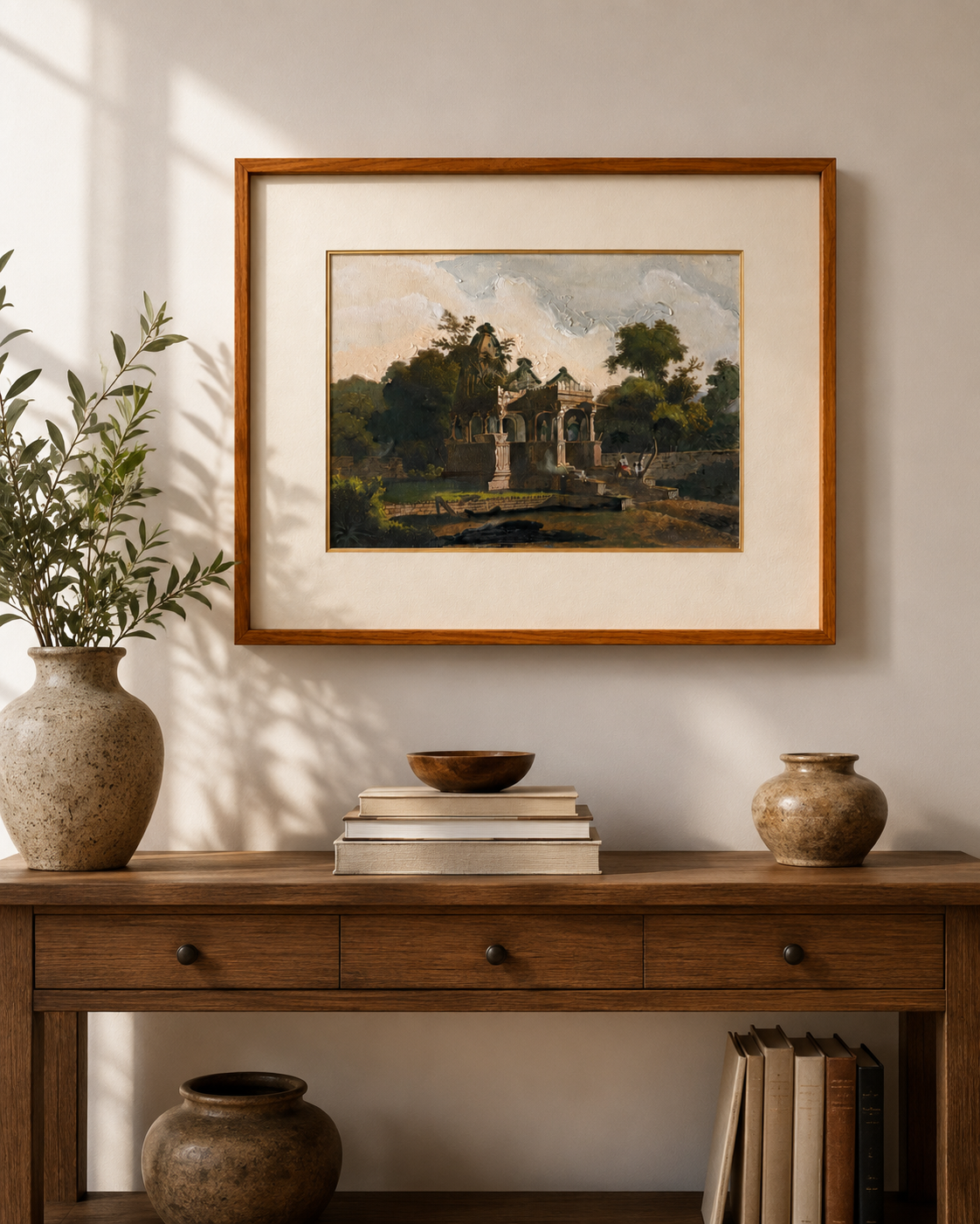 Heritage Pavilion Landscape Archival Art Print, 40% Hand-Embellished with Impasto Acrylic, Thin Teak Wood Frame with Off-White Mat & Gold Liner, 25 × 29 in