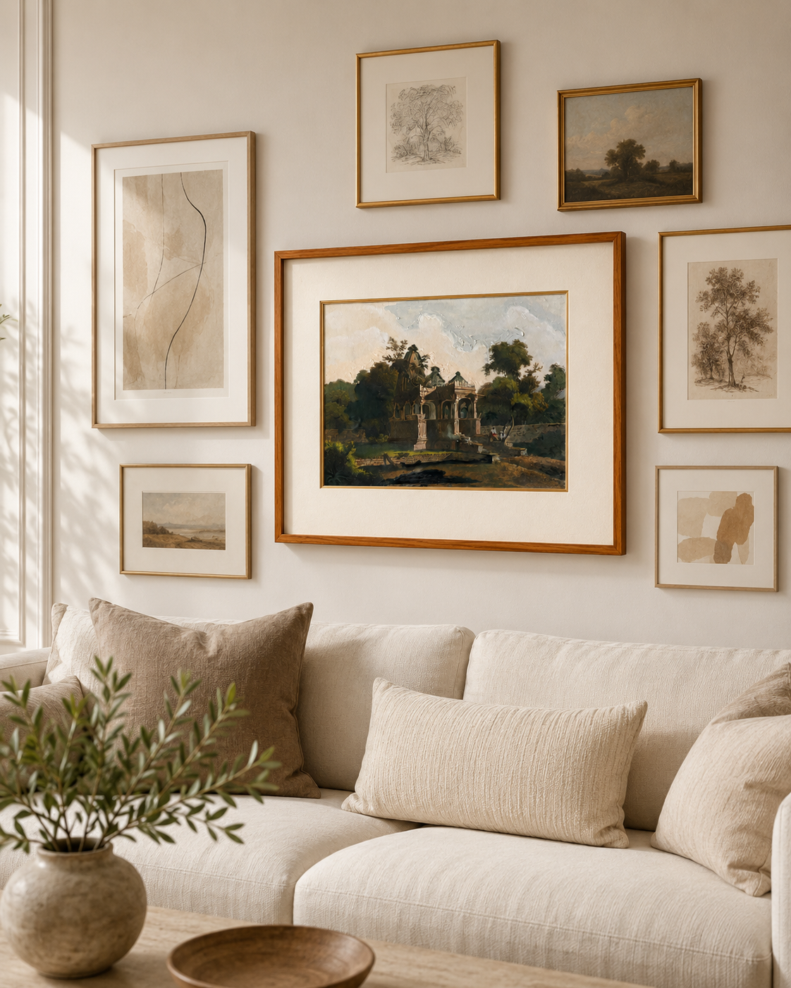 Heritage Pavilion Landscape Archival Art Print, 40% Hand-Embellished with Impasto Acrylic, Thin Teak Wood Frame with Off-White Mat & Gold Liner, 25 × 29 in