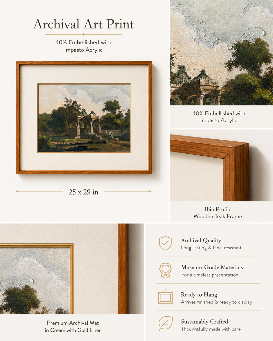 Heritage Pavilion Landscape Archival Art Print, 40% Hand-Embellished with Impasto Acrylic, Thin Teak Wood Frame with Off-White Mat & Gold Liner, 25 × 29 in