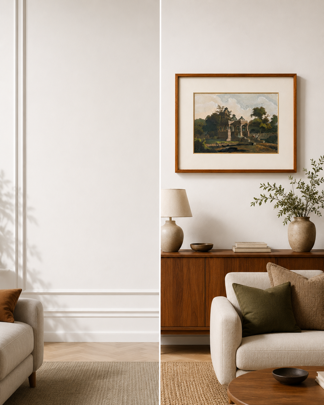 Heritage Pavilion Landscape Archival Art Print, 40% Hand-Embellished with Impasto Acrylic, Thin Teak Wood Frame with Off-White Mat & Gold Liner, 25 × 29 in
