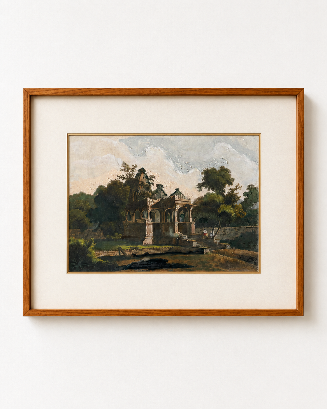 Heritage Pavilion Landscape Archival Art Print, 40% Hand-Embellished with Impasto Acrylic, Thin Teak Wood Frame with Off-White Mat & Gold Liner, 25 × 29 in