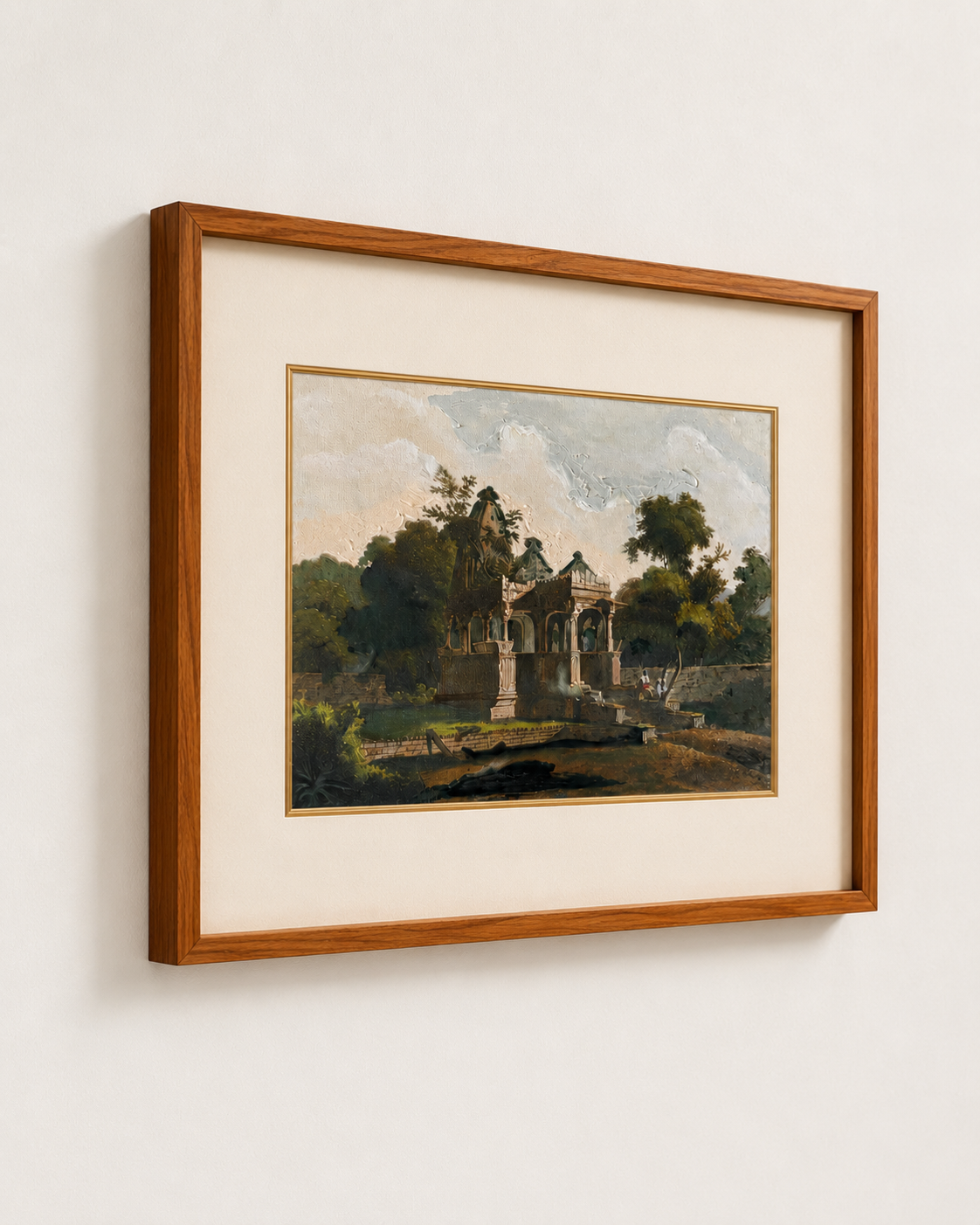 Heritage Pavilion Landscape Archival Art Print, 40% Hand-Embellished with Impasto Acrylic, Thin Teak Wood Frame with Off-White Mat & Gold Liner, 25 × 29 in