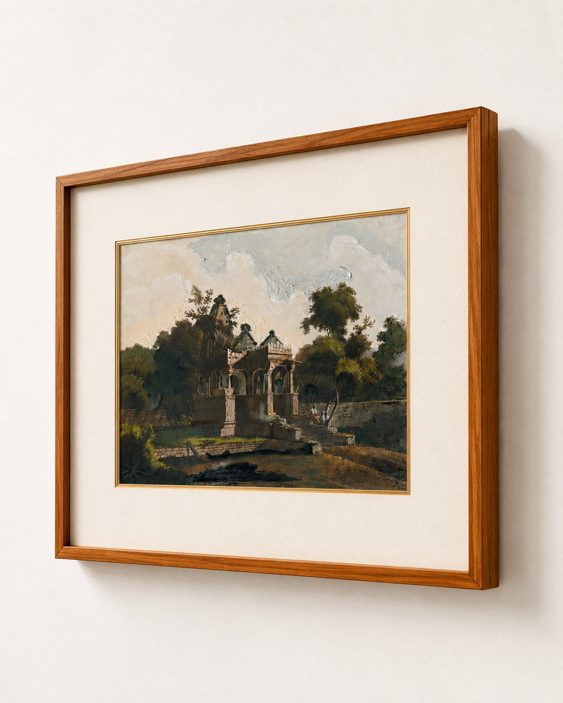 Heritage Pavilion Landscape Archival Art Print, 40% Hand-Embellished with Impasto Acrylic, Thin Teak Wood Frame with Off-White Mat & Gold Liner, 25 × 29 in