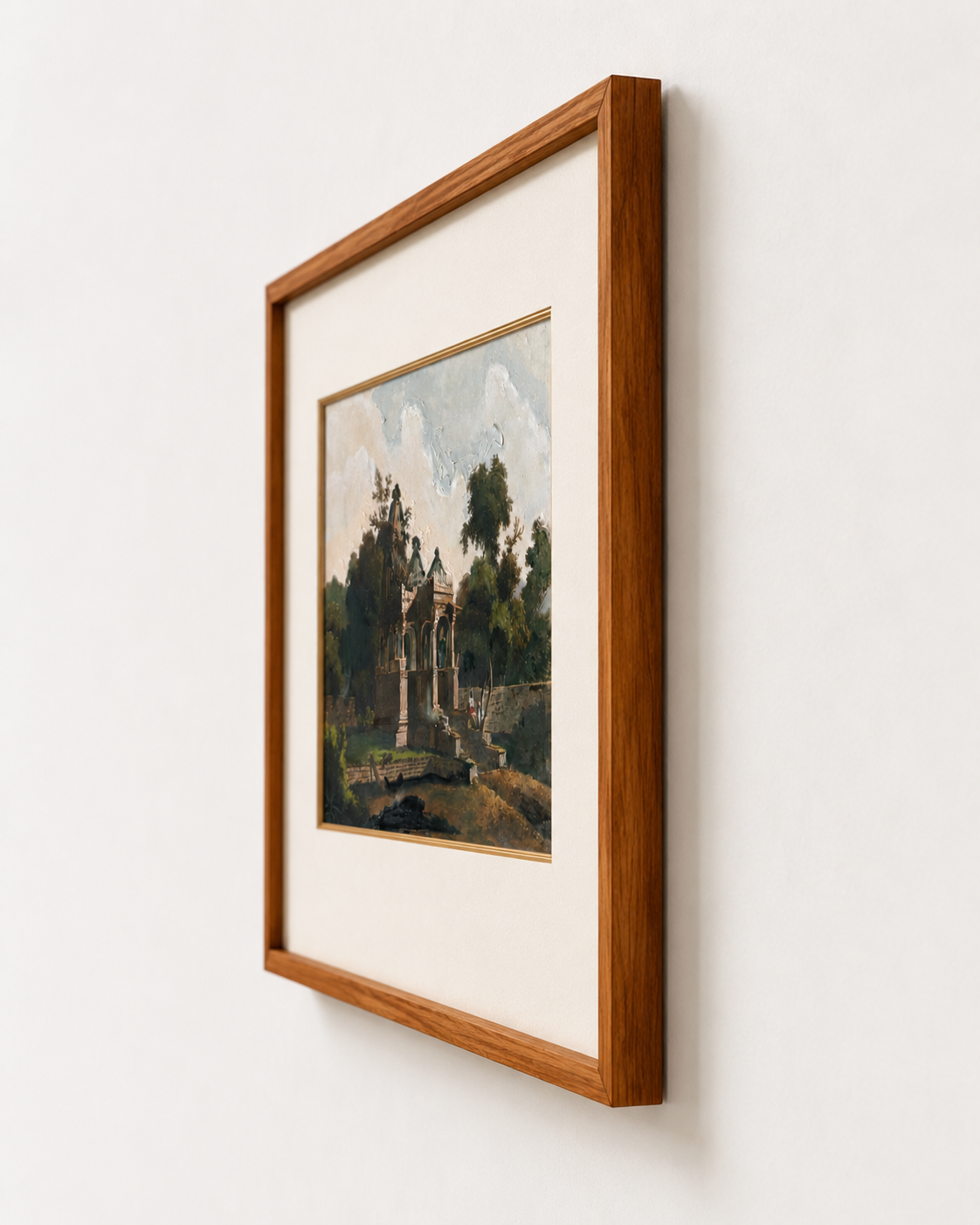Heritage Pavilion Landscape Archival Art Print, 40% Hand-Embellished with Impasto Acrylic, Thin Teak Wood Frame with Off-White Mat & Gold Liner, 25 × 29 in