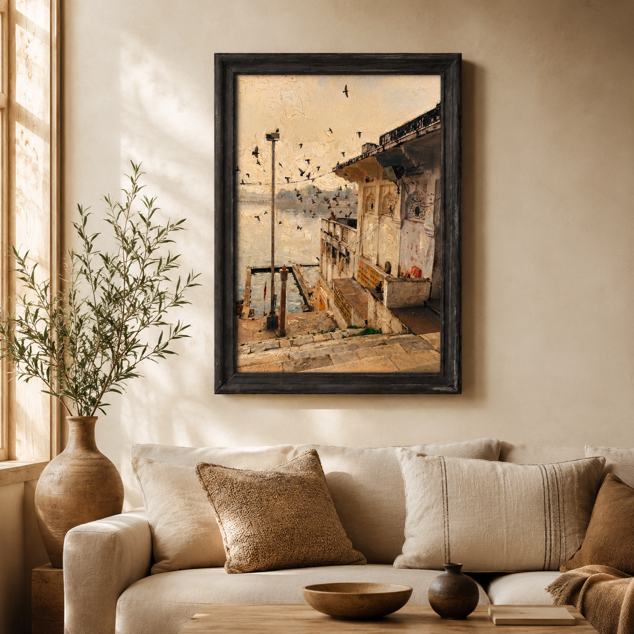 Riverside Heritage Architecture Art Print on Canvas – Walnut Wooden Moulding Frame, 25 × 18 in
