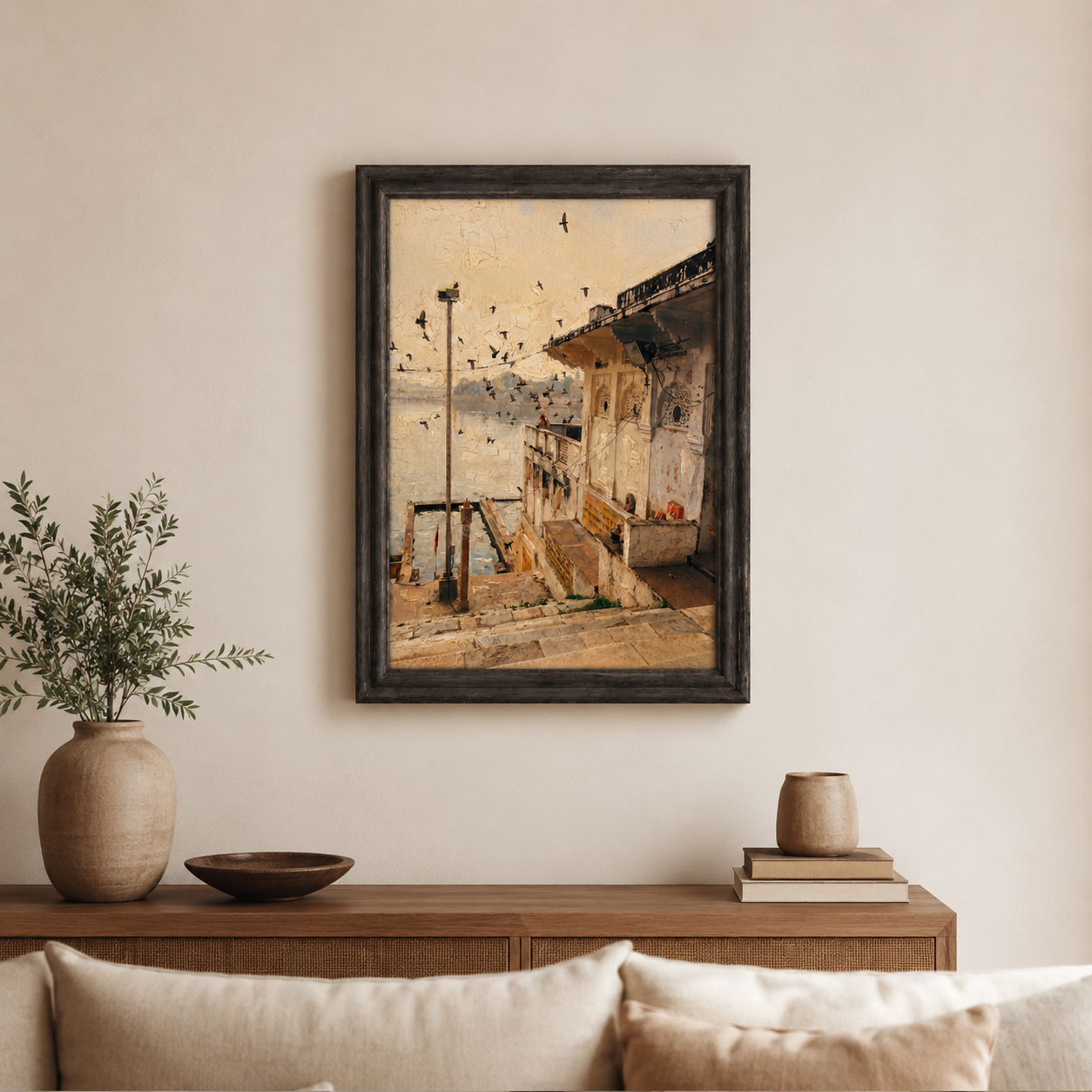 Riverside Heritage Architecture Art Print on Canvas – Walnut Wooden Moulding Frame, 25 × 18 in