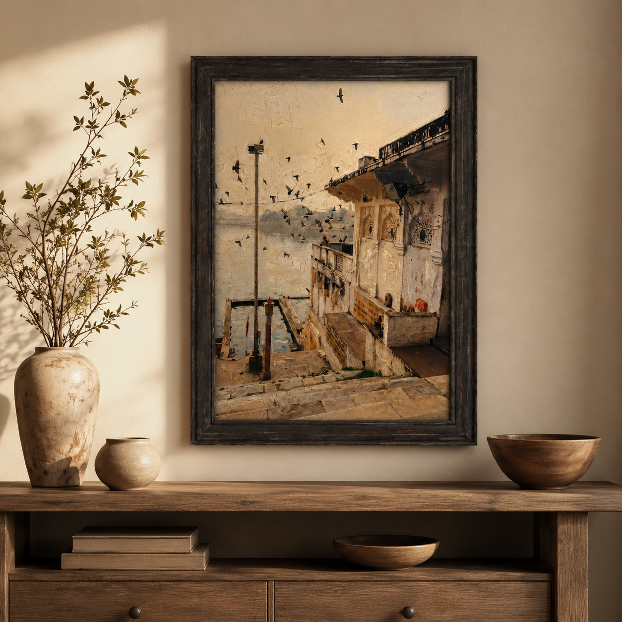 Riverside Heritage Architecture Art Print on Canvas – Walnut Wooden Moulding Frame, 25 × 18 in