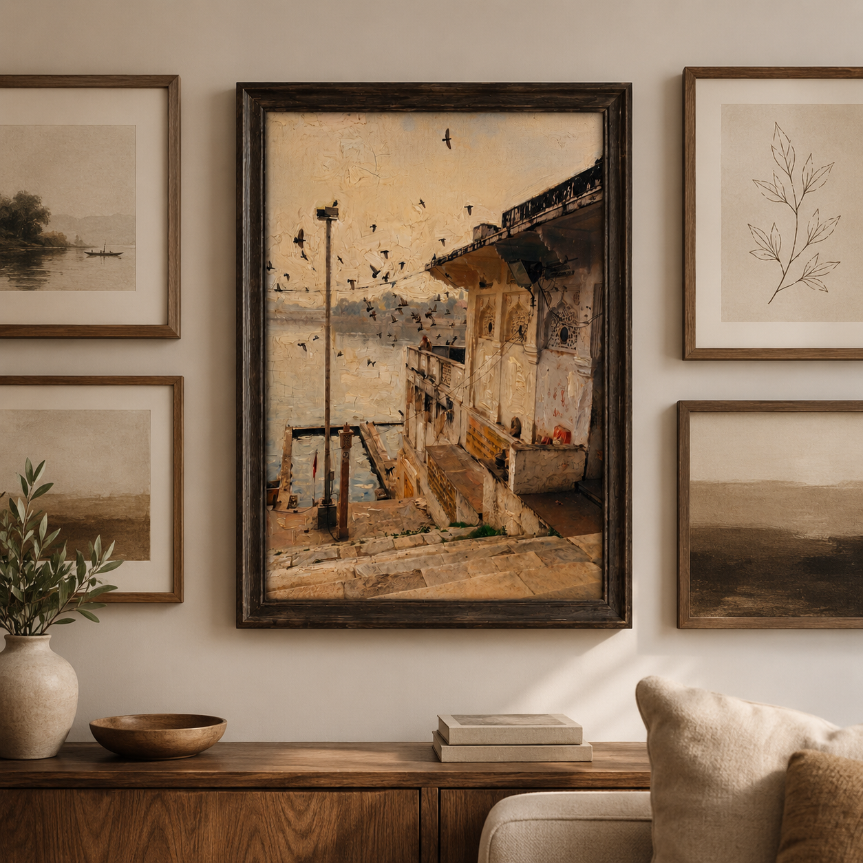 Riverside Heritage Architecture Art Print on Canvas – Walnut Wooden Moulding Frame, 25 × 18 in