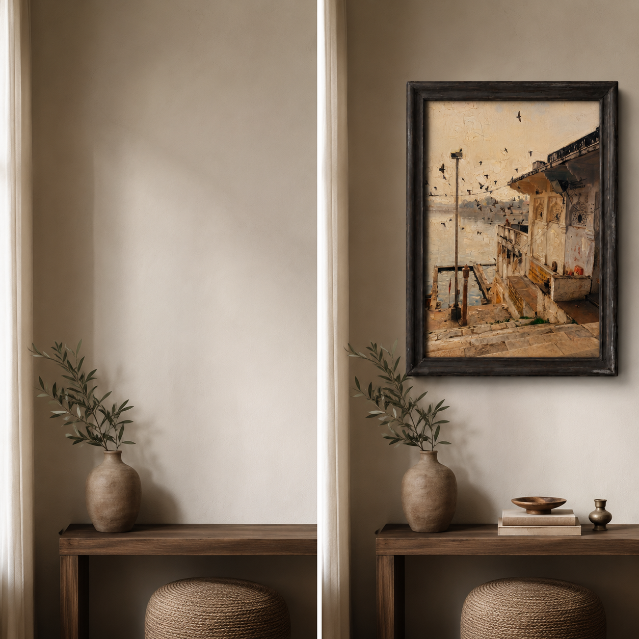 Riverside Heritage Architecture Art Print on Canvas – Walnut Wooden Moulding Frame, 25 × 18 in
