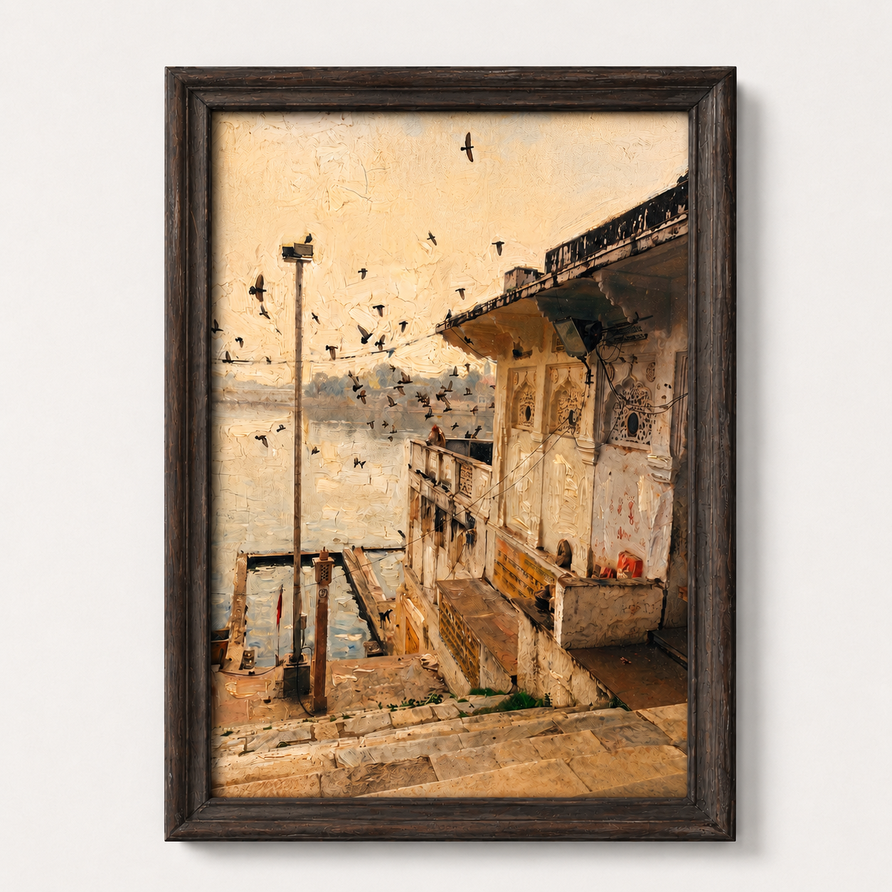 Riverside Heritage Architecture Art Print on Canvas – Walnut Wooden Moulding Frame, 25 × 18 in