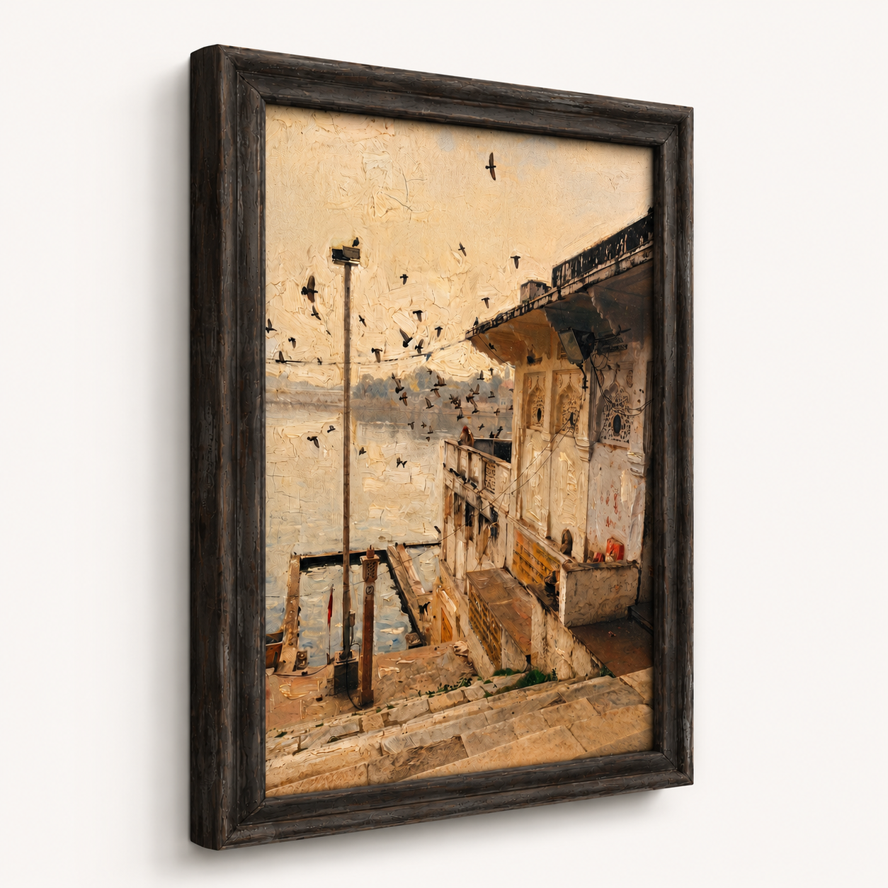 Riverside Heritage Architecture Art Print on Canvas – Walnut Wooden Moulding Frame, 25 × 18 in