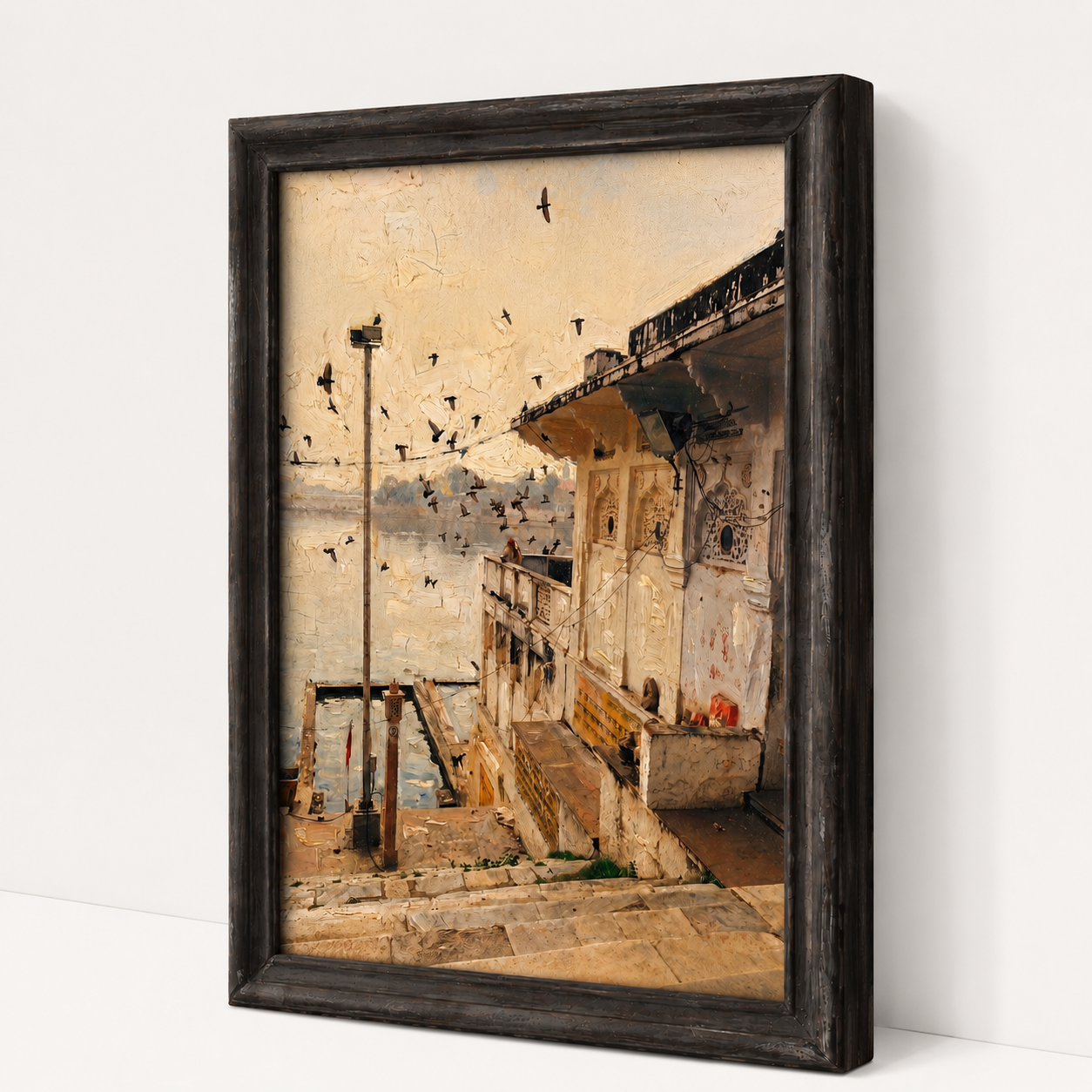 Riverside Heritage Architecture Art Print on Canvas – Walnut Wooden Moulding Frame, 25 × 18 in