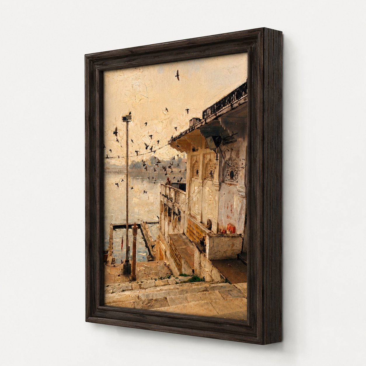 Riverside Heritage Architecture Art Print on Canvas – Walnut Wooden Moulding Frame, 25 × 18 in