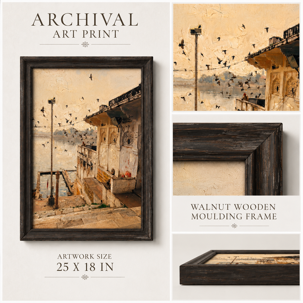 Riverside Heritage Architecture Art Print on Canvas – Walnut Wooden Moulding Frame, 25 × 18 in