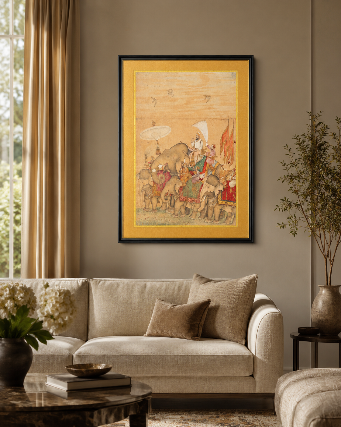 Indian Miniature Art Print on Canvas - Frame w Gold Liner - 36 x 24 In