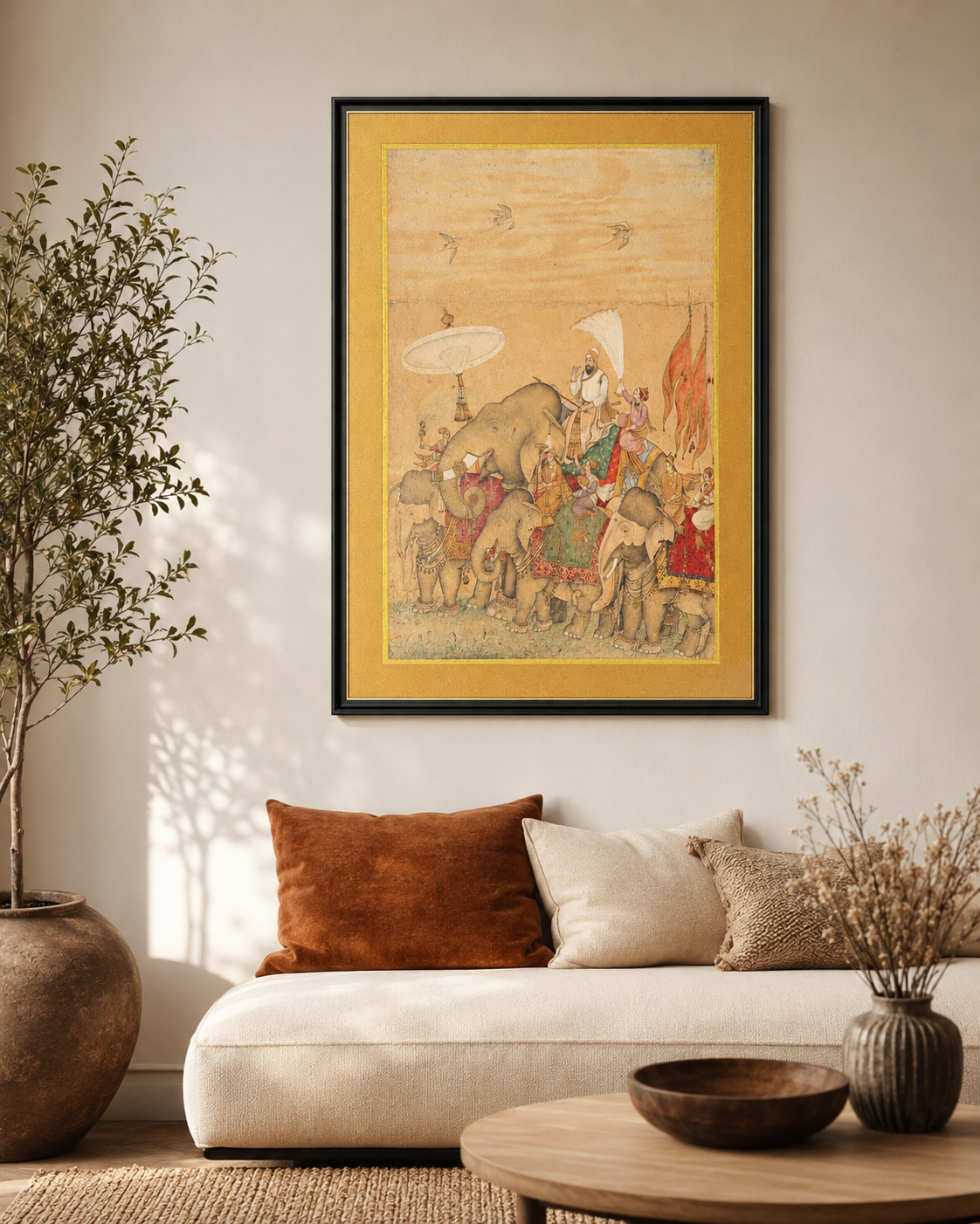 Indian Miniature Art Print on Canvas - Frame w Gold Liner - 36 x 24 In