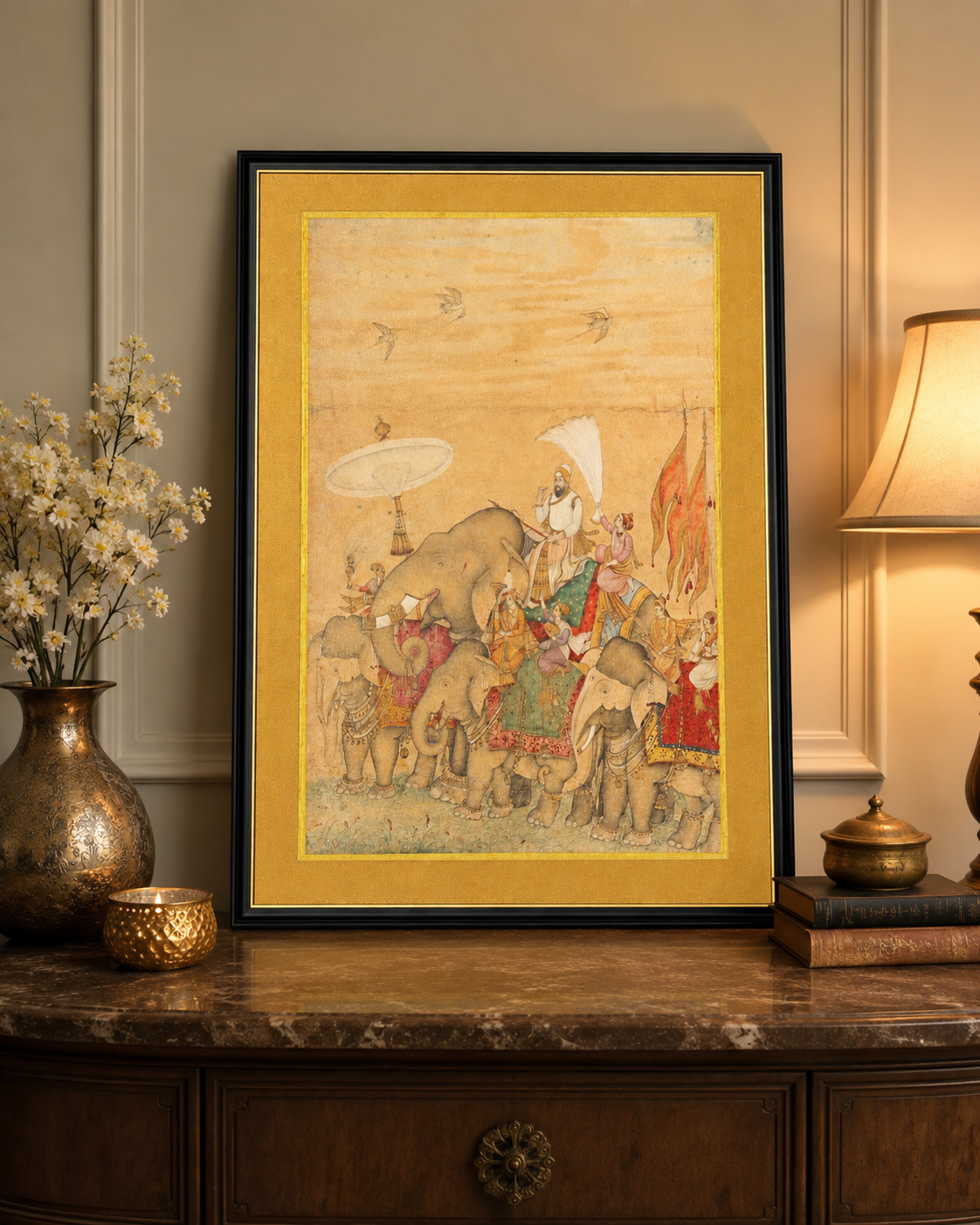 Indian Miniature Art Print on Canvas - Frame w Gold Liner - 36 x 24 In
