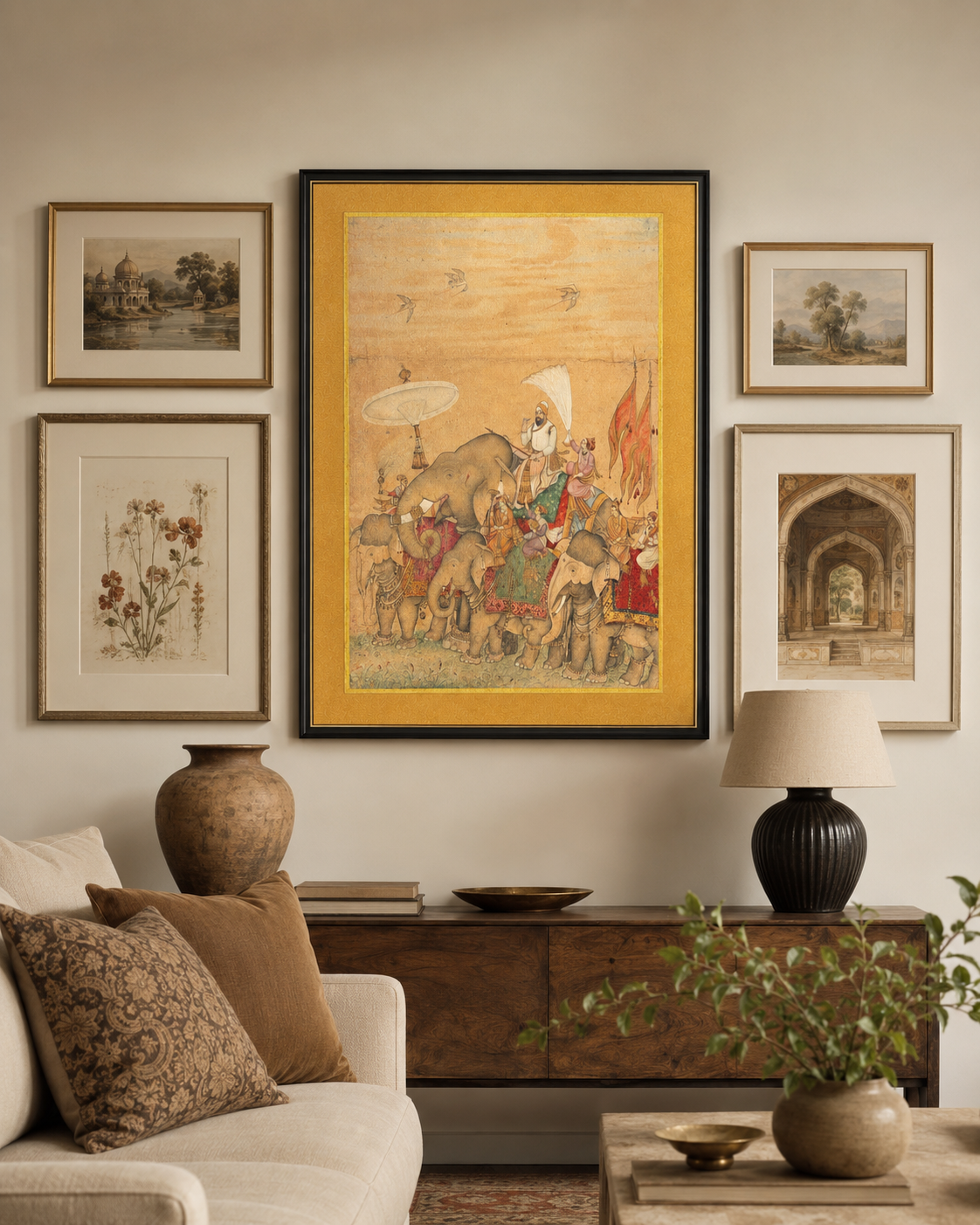 Indian Miniature Art Print on Canvas - Frame w Gold Liner - 36 x 24 In