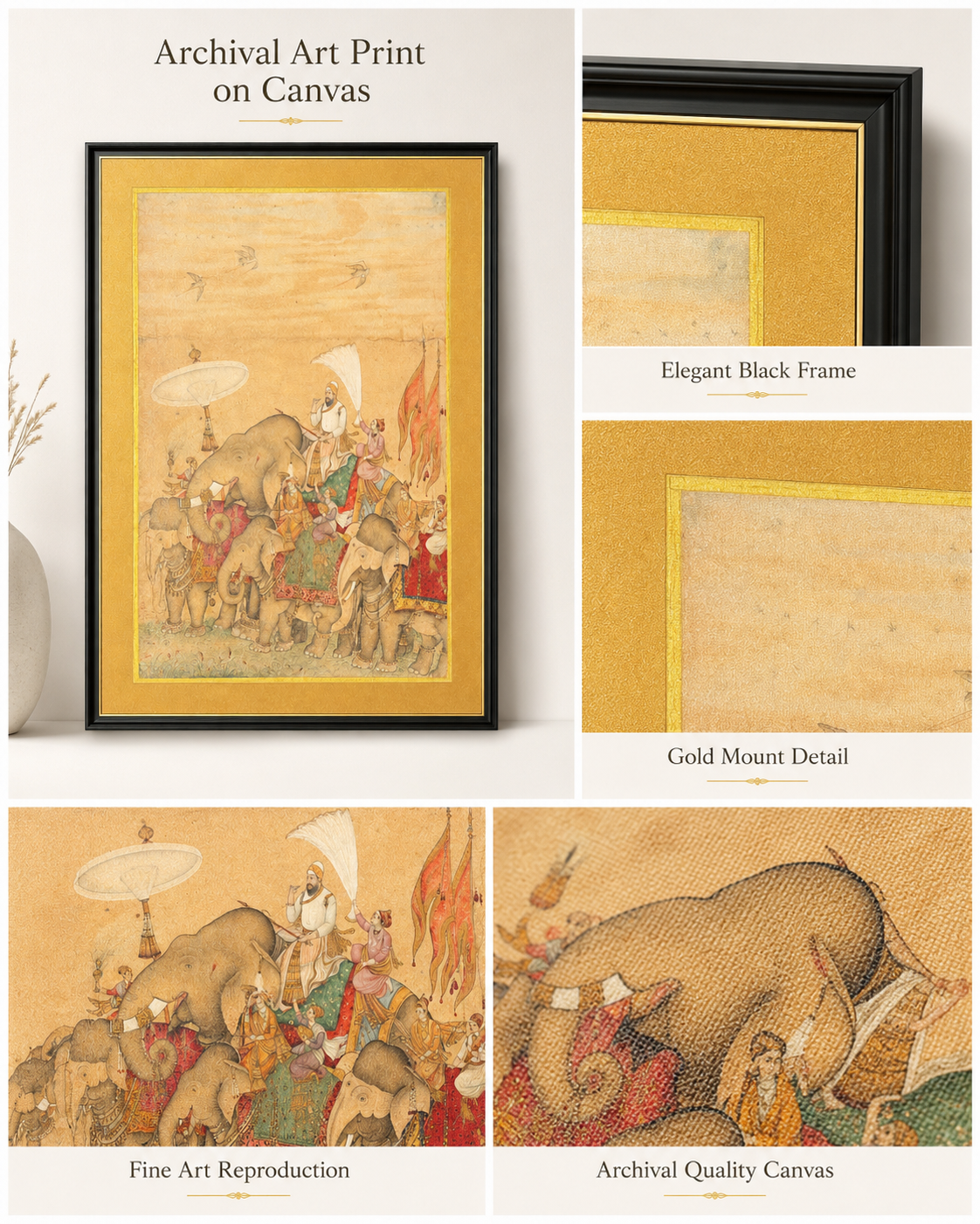 Indian Miniature Art Print on Canvas - Frame w Gold Liner - 36 x 24 In