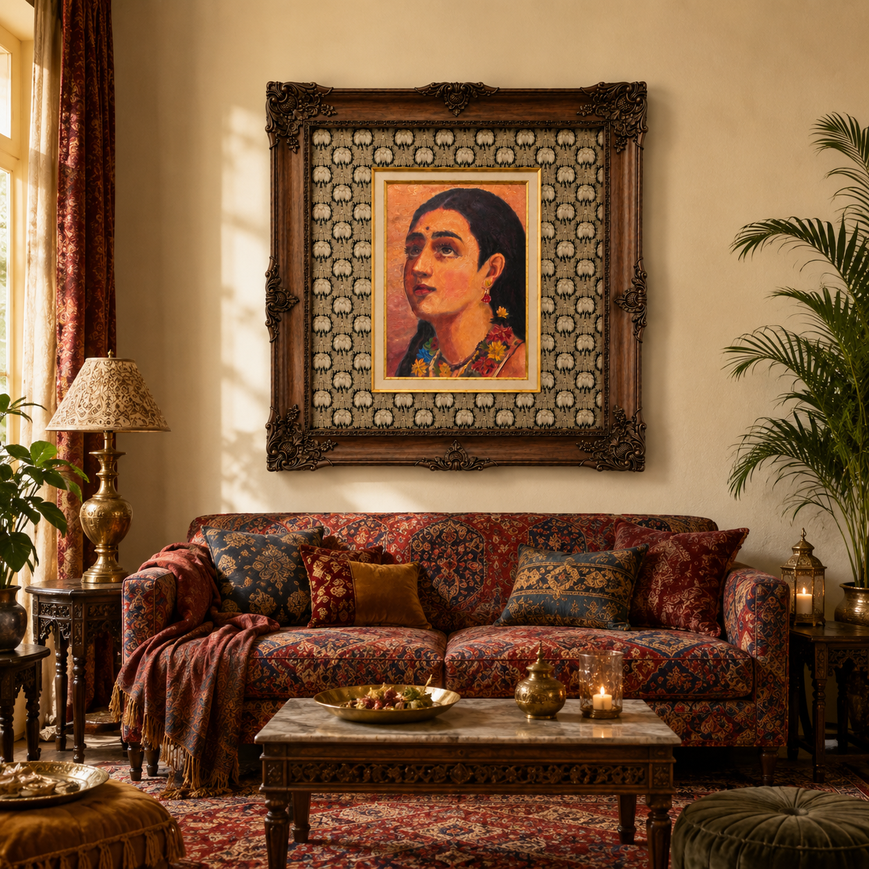 Portrait of an Indian Woman on Canvas, 80% Hand-Embellished, Ornate Wooden Victorian Frame, 48 × 46 in