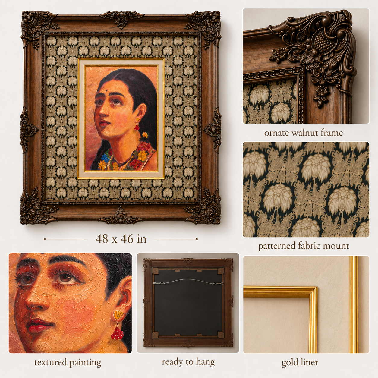 Portrait of an Indian Woman on Canvas, 80% Hand-Embellished, Ornate Wooden Victorian Frame, 48 × 46 in