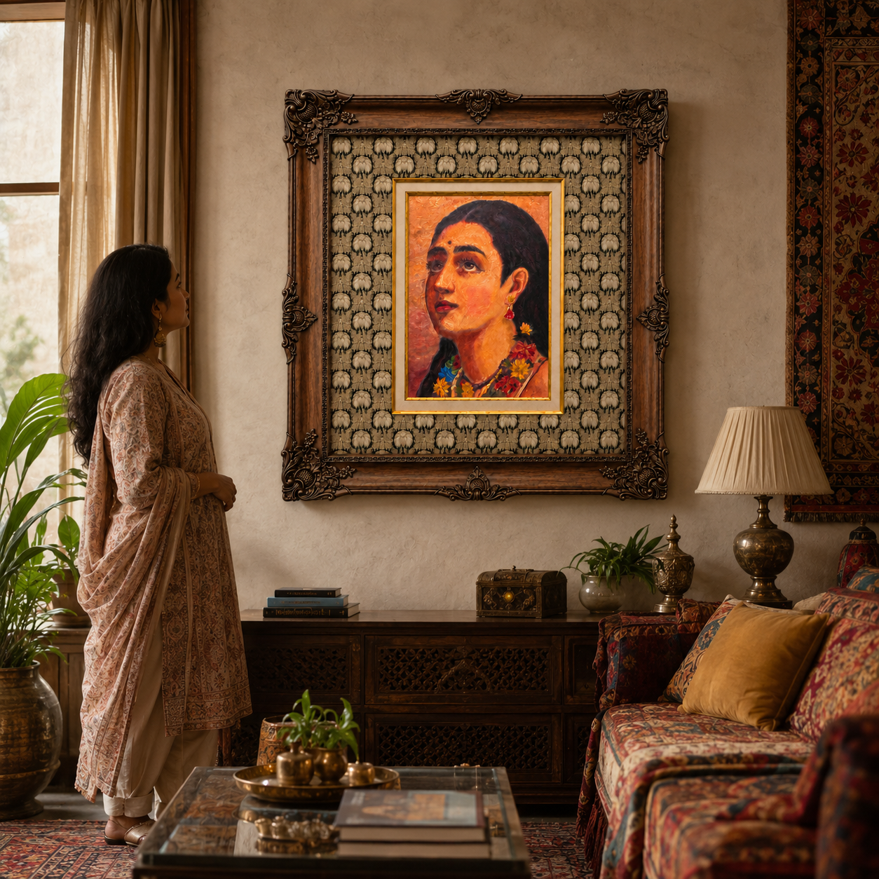 Portrait of an Indian Woman on Canvas, 80% Hand-Embellished, Ornate Wooden Victorian Frame, 48 × 46 in