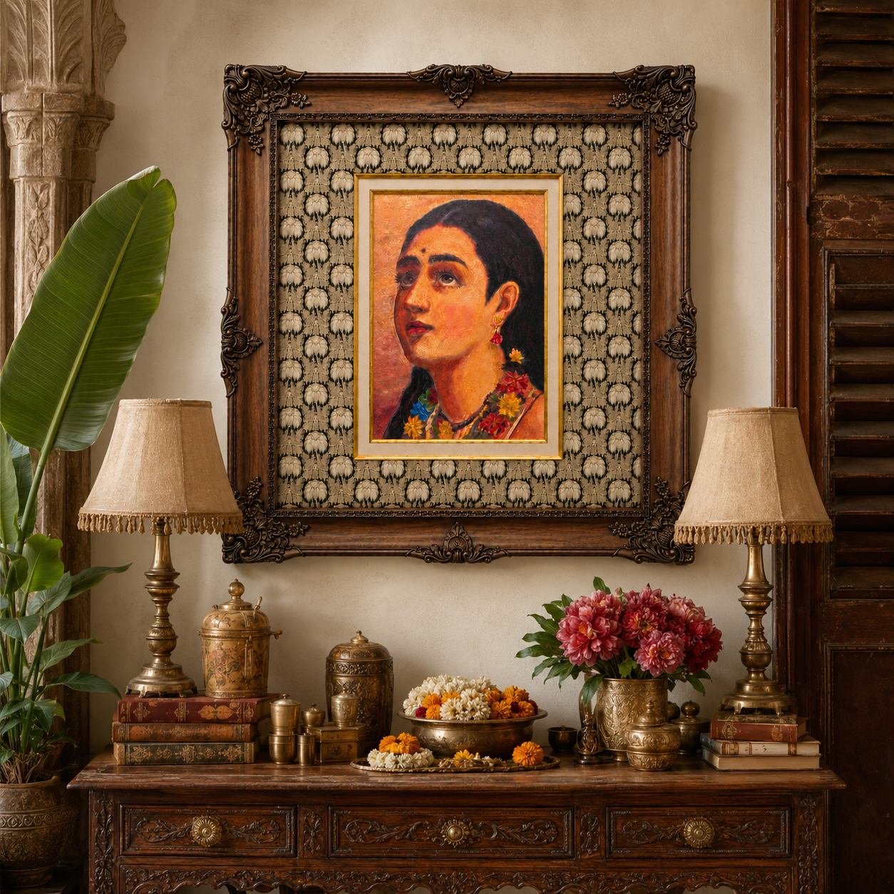 Portrait of an Indian Woman on Canvas, 80% Hand-Embellished, Ornate Wooden Victorian Frame, 48 × 46 in