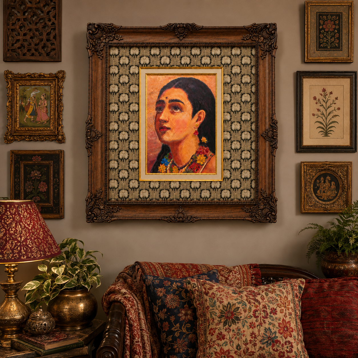 Portrait of an Indian Woman on Canvas, 80% Hand-Embellished, Ornate Wooden Victorian Frame, 48 × 46 in