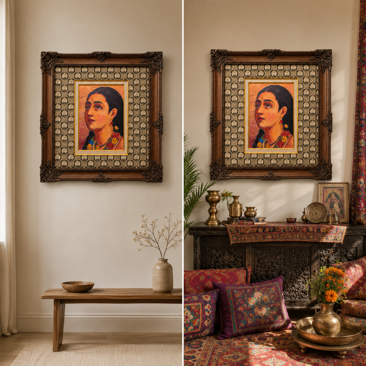 Portrait of an Indian Woman on Canvas, 80% Hand-Embellished, Ornate Wooden Victorian Frame, 48 × 46 in