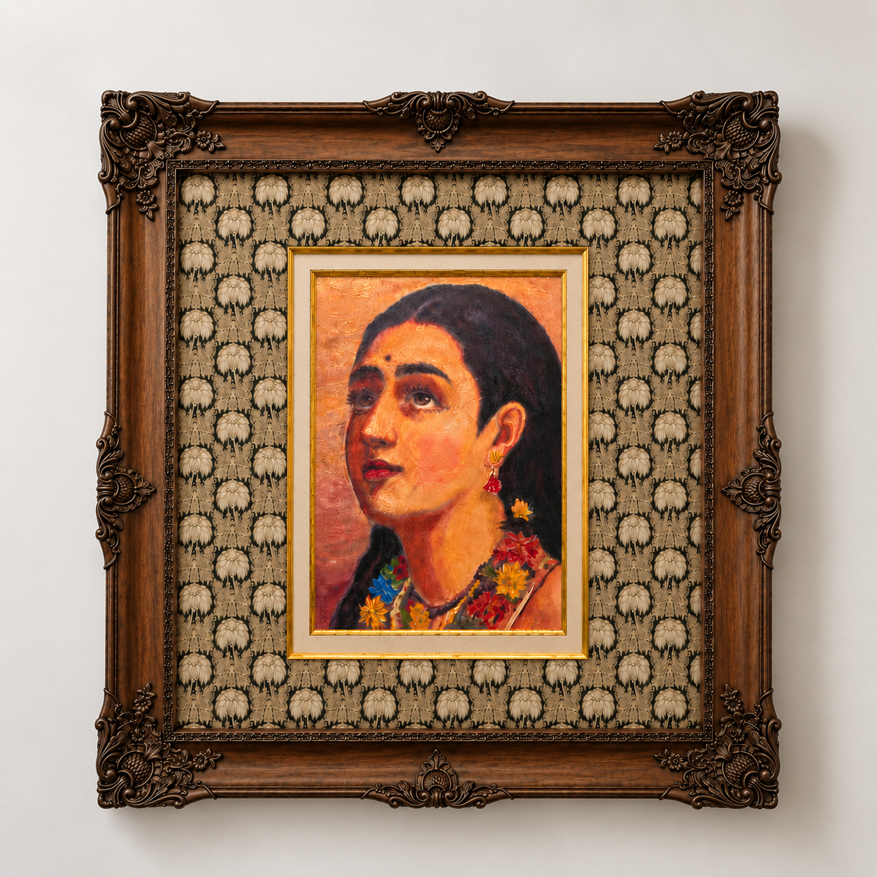 Portrait of an Indian Woman on Canvas, 80% Hand-Embellished, Ornate Wooden Victorian Frame, 48 × 46 in
