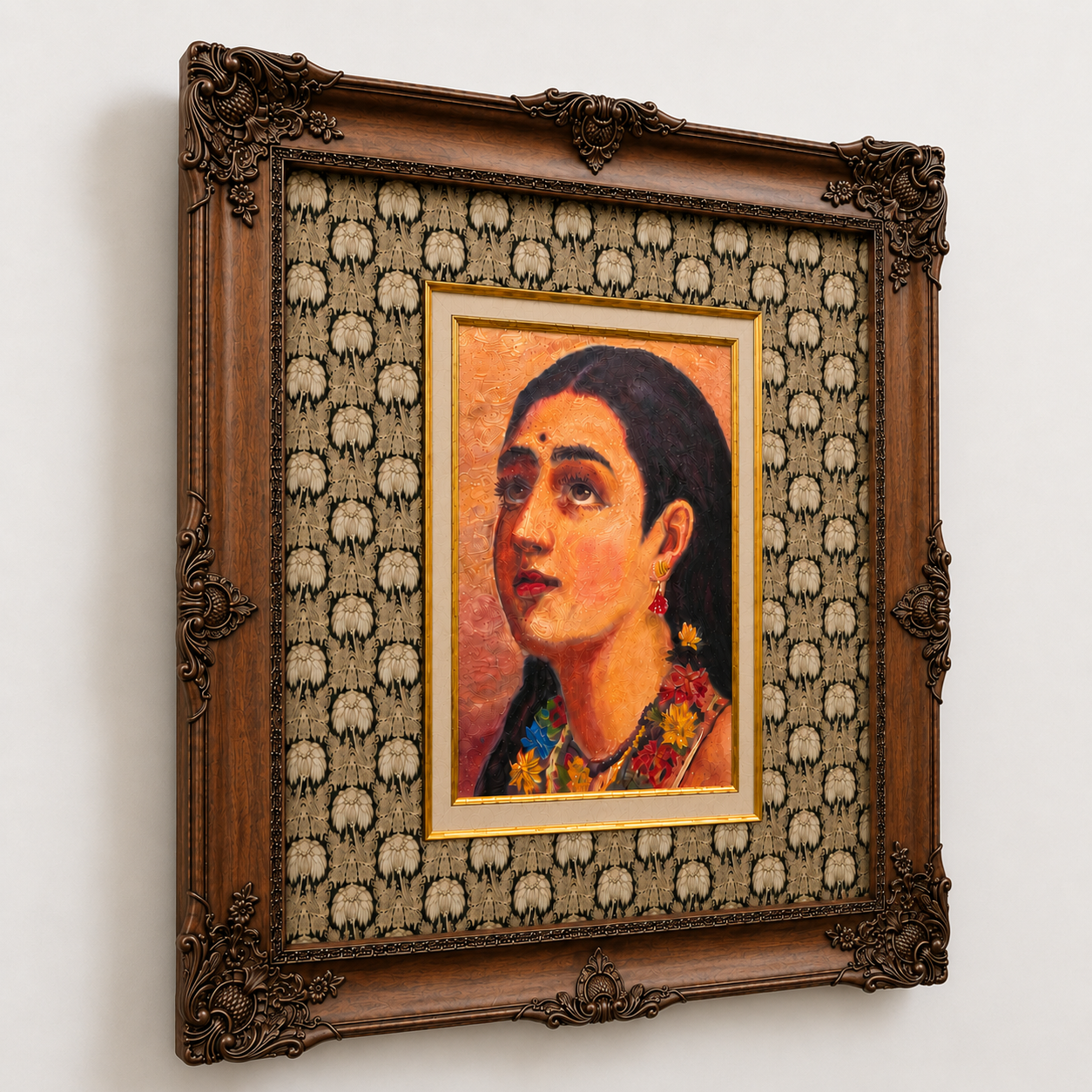 Portrait of an Indian Woman on Canvas, 80% Hand-Embellished, Ornate Wooden Victorian Frame, 48 × 46 in